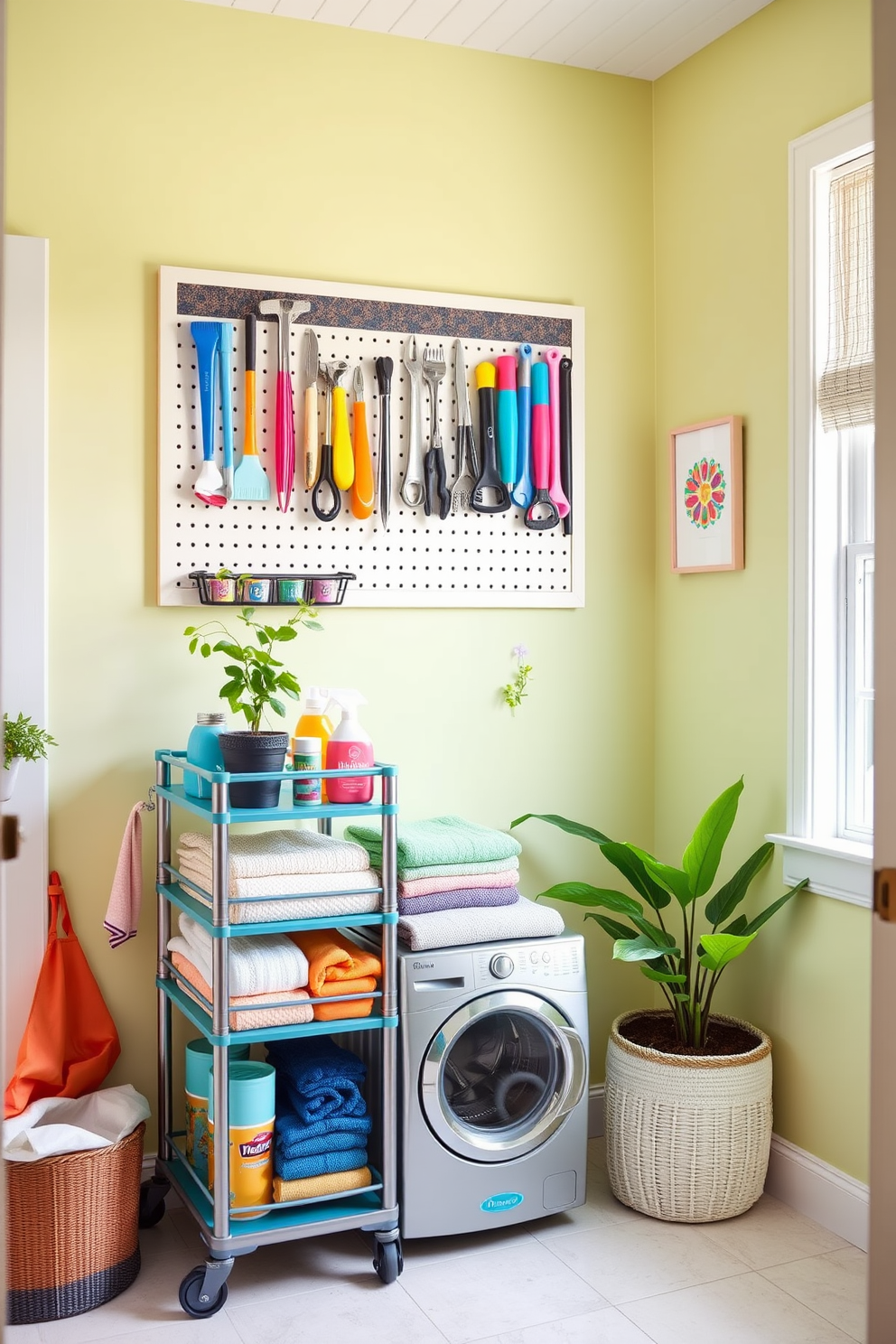 A bright and cheerful laundry room features a tiered cart filled with colorful supplies and neatly folded towels. The walls are painted in a soft pastel hue, and a large window allows natural light to flood the space, enhancing the vibrant atmosphere. A decorative pegboard hangs above the cart, showcasing tools and accessories in an organized manner. Potted plants and cheerful artwork add a touch of personality, creating an inviting and functional laundry area.