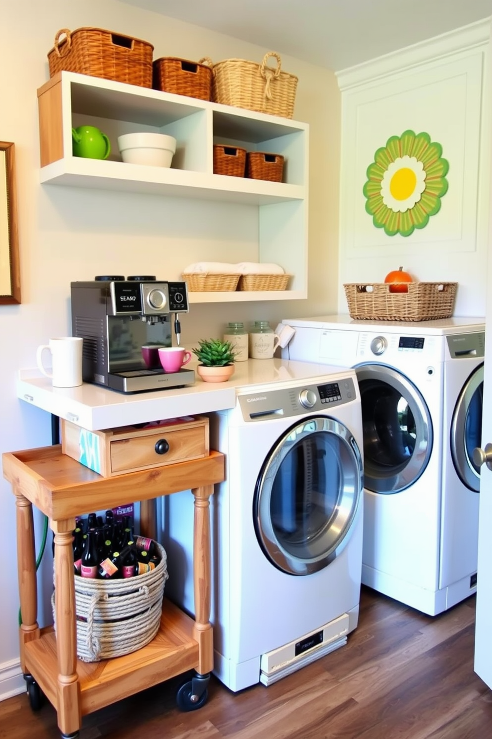 A cozy mini coffee station featuring a rustic wooden cart with a polished countertop. On the cart, there is a high-end espresso machine, a selection of colorful coffee mugs, and a small potted plant for a touch of greenery. A bright and cheerful laundry room decorated with pastel-colored cabinets and open shelving. The space includes a stylish washer and dryer, neatly organized baskets, and a cheerful wall art piece that adds personality to the room.