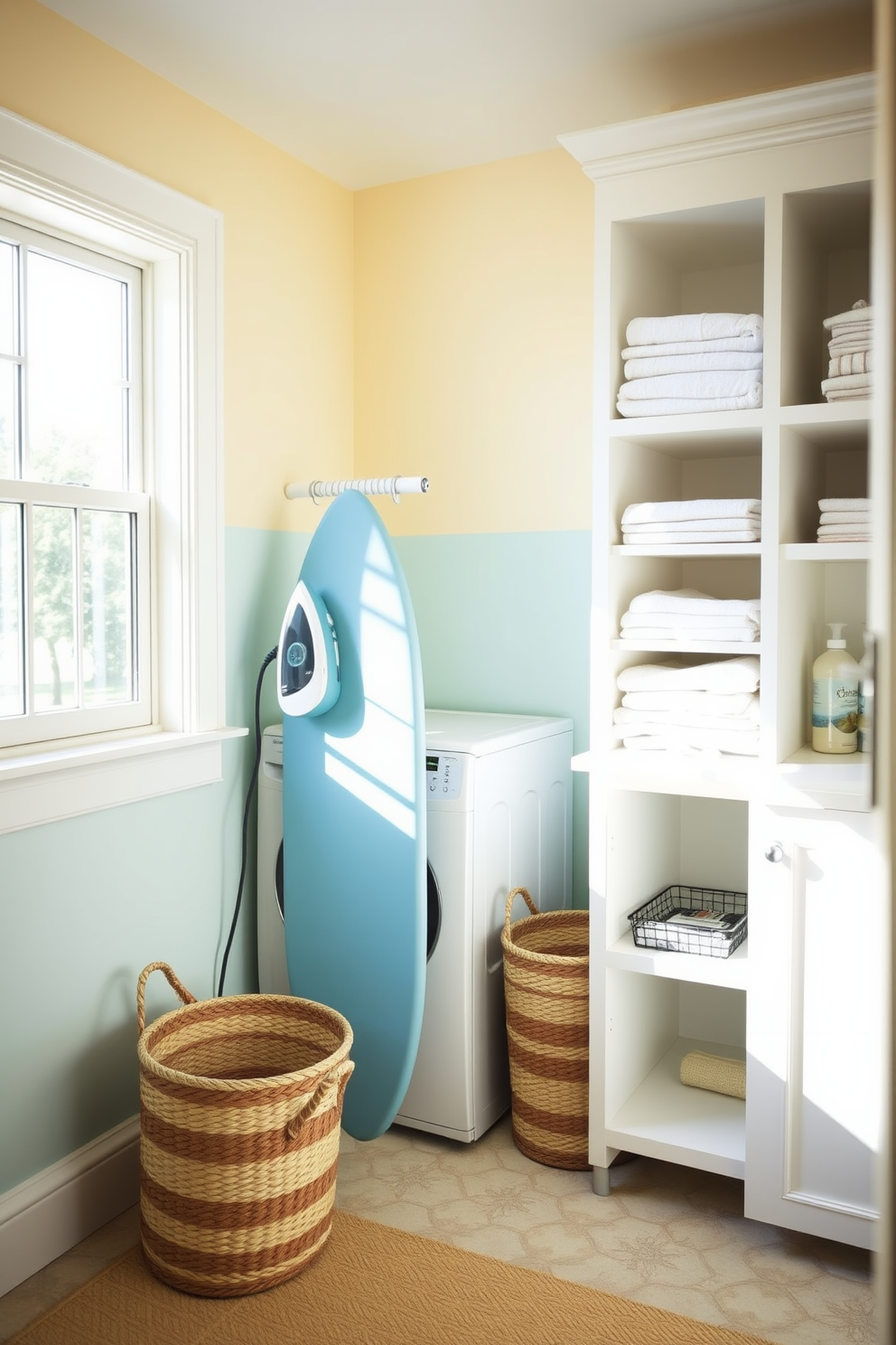 A bright and airy laundry room adorned with fresh spring decor. Soft pastel colors dominate the space, with floral prints on the curtains and wall art. A wicker basket filled with colorful towels sits in the corner, adding a touch of warmth. Potted plants on the windowsill bring life to the room, enhancing the cheerful atmosphere.