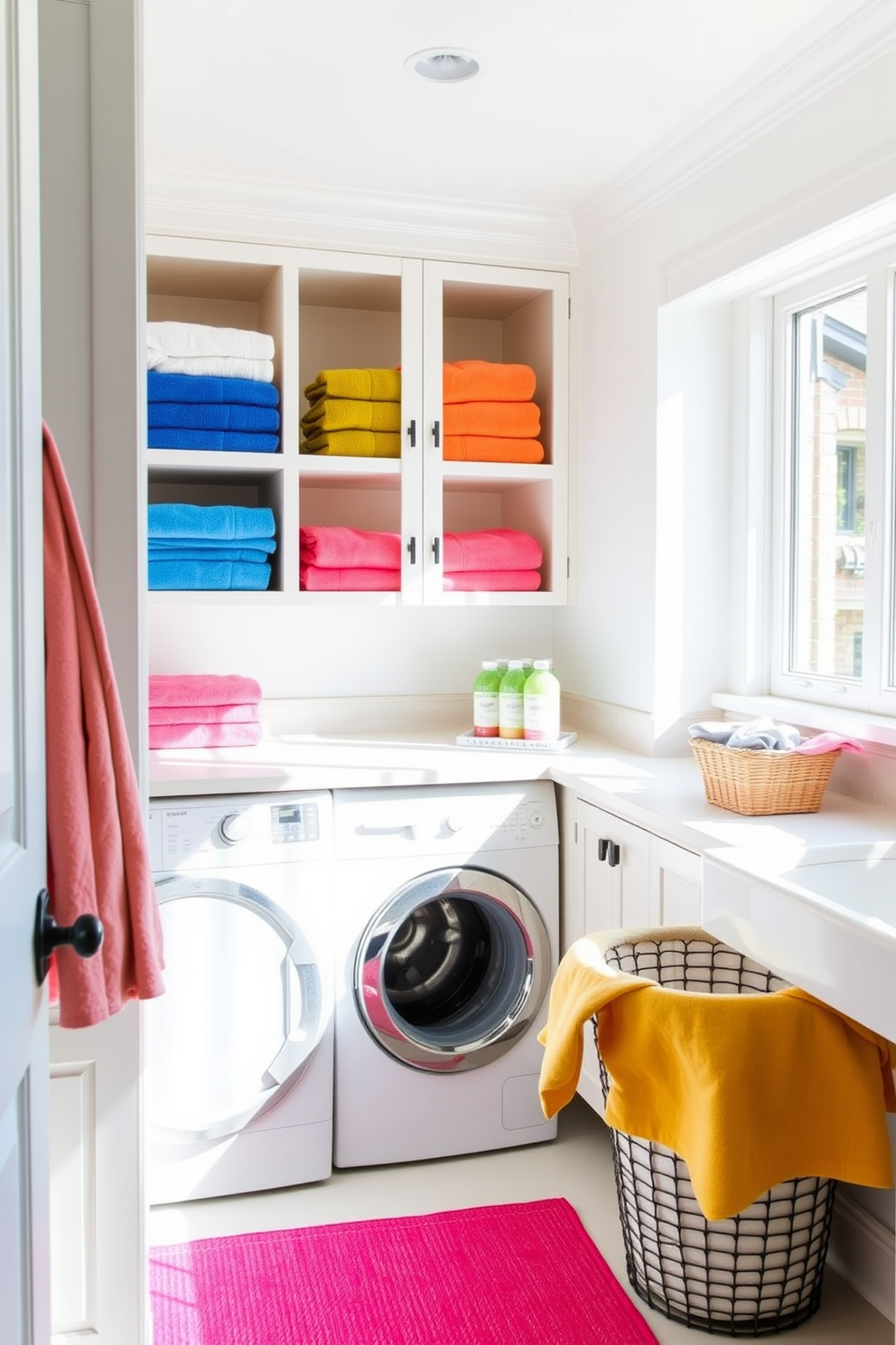 A cheerful laundry room filled with natural light. The walls are painted in a soft pastel yellow, and decorative hooks in various shapes and colors are mounted for hanging towels and accessories. A vintage wooden shelf displays neatly folded towels and laundry supplies. Potted plants add a touch of greenery, creating a fresh and inviting atmosphere.