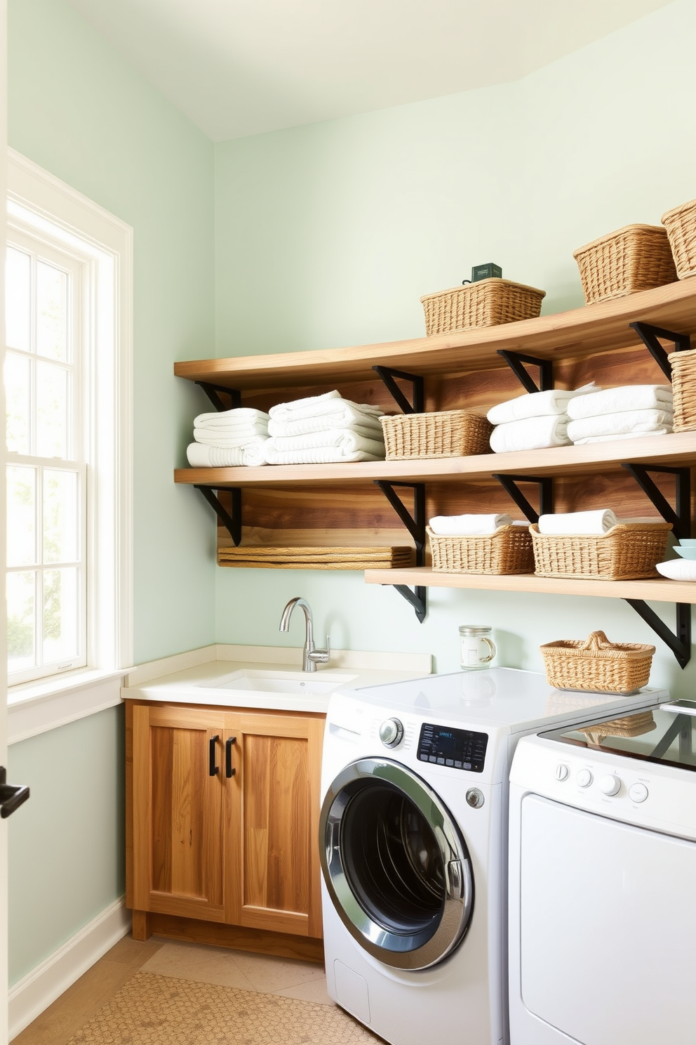 A bright and airy laundry room featuring open shelving made of reclaimed wood. The shelves are filled with neatly folded towels and decorative baskets, adding both functionality and style. The walls are painted in a soft pastel color, creating a cheerful atmosphere. A large window allows natural light to flood the space, enhancing the inviting feel of the room.