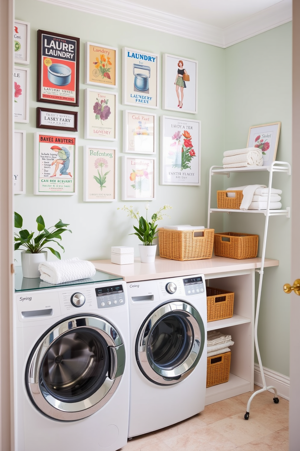 A whimsical laundry room filled with cheerful decor. The walls are painted in a soft pastel hue, adorned with a playful laundry sign that adds a touch of charm. A spacious countertop is topped with neatly arranged baskets for sorting clothes. Vintage-style hooks are mounted on the wall, holding colorful towels and aprons, creating an inviting atmosphere.