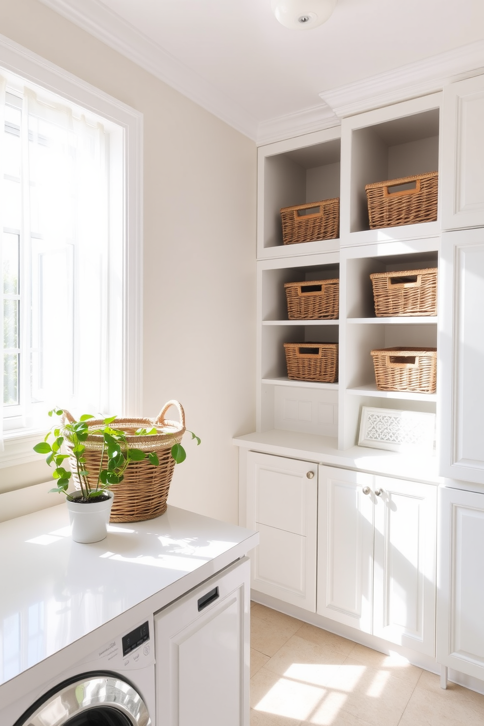 A bright and cheerful laundry room filled with natural light. The room features a large window with sheer curtains, allowing sunlight to illuminate the space. On one side, there are white cabinets with wicker baskets neatly organized on the shelves. A pastel-colored countertop holds a stylish laundry basket and a potted plant for a touch of greenery.