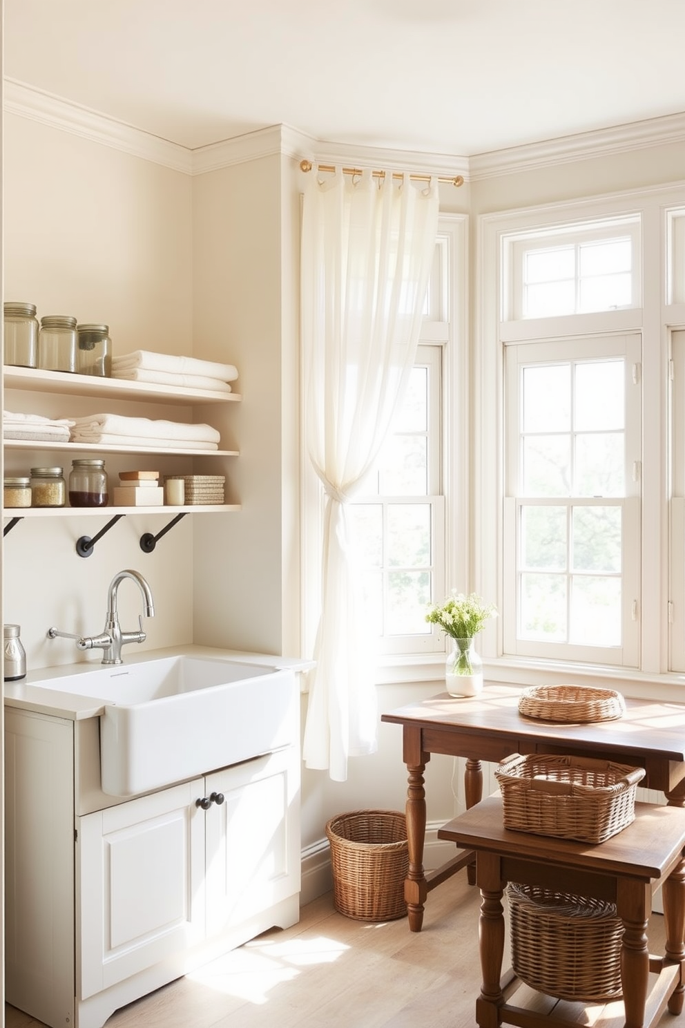 A bright and airy laundry room features a farmhouse style sink with a large apron front. The walls are painted in a soft pastel color, and open shelving displays neatly folded towels and decorative jars. Natural light streams in through a large window adorned with sheer white curtains, creating a warm and inviting atmosphere. A vintage wooden table serves as a workspace, complemented by a rustic wicker basket for laundry essentials.