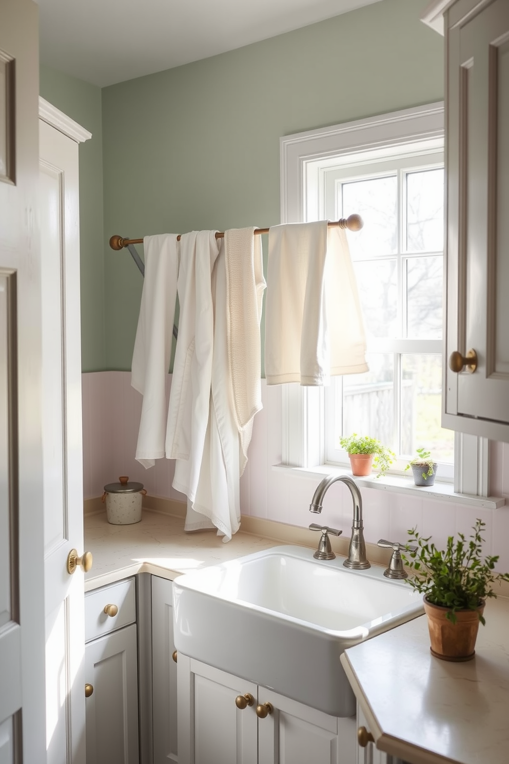 A bright and airy laundry room filled with natural light. There are potted plants on the windowsill and shelves, adding a touch of greenery to the space. The walls are painted in a soft pastel color, creating a cheerful atmosphere. A stylish countertop holds a modern washing machine and a decorative basket for laundry essentials.