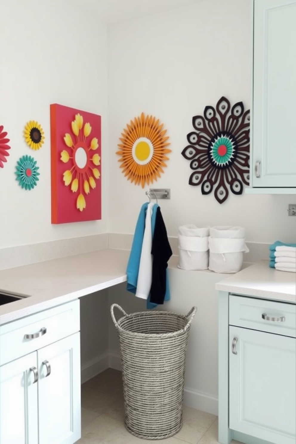 A bright and airy laundry room features decorative jars filled with colorful laundry supplies neatly arranged on open shelving. The walls are painted in a soft pastel hue, and a vintage-style laundry basket sits in the corner, adding charm to the space.