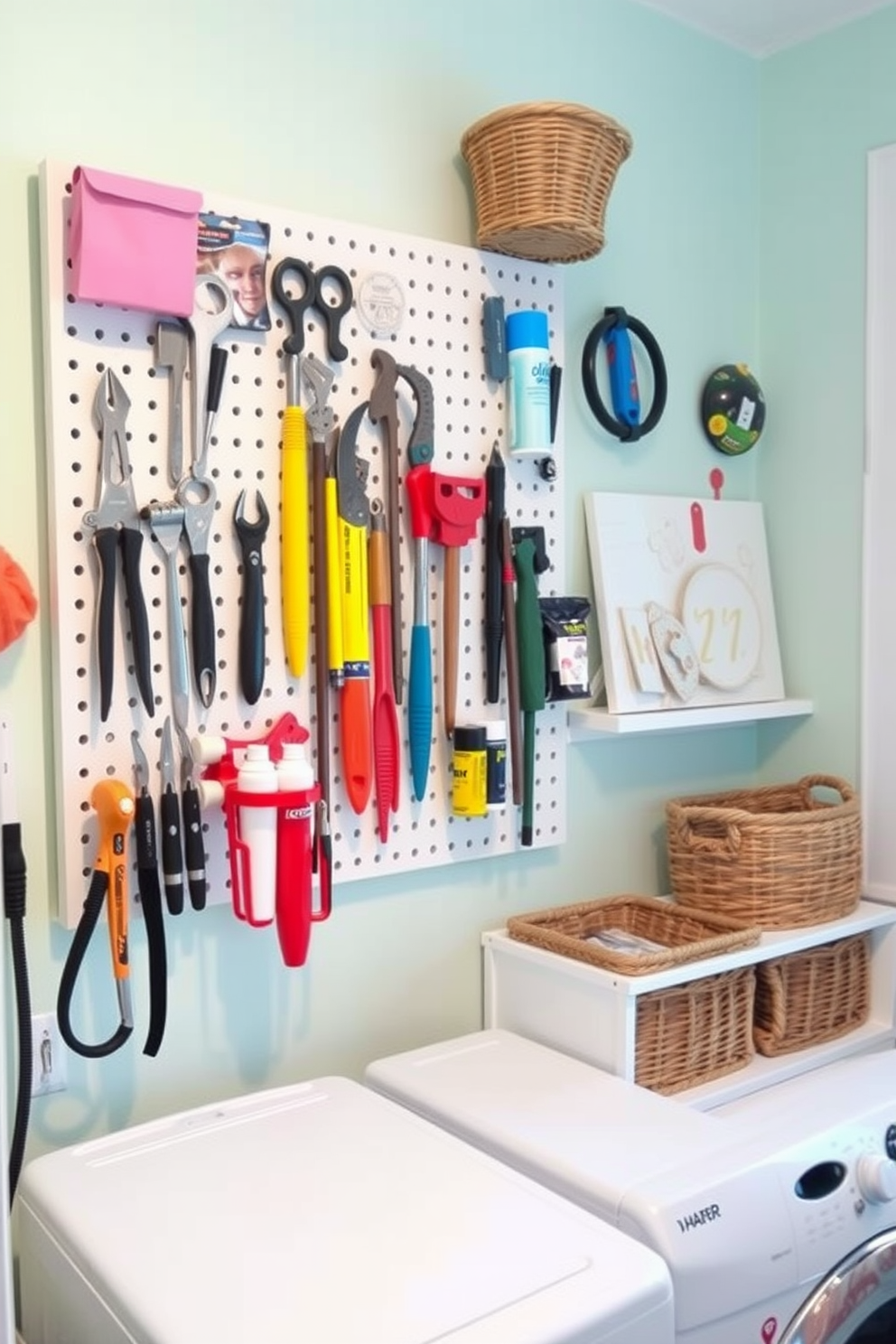 A bright and cheerful laundry room features a pegboard mounted on the wall, organized with various tools and supplies for easy access. The room is painted in a soft pastel color, and decorative baskets are placed on a shelf to add a touch of charm and organization.