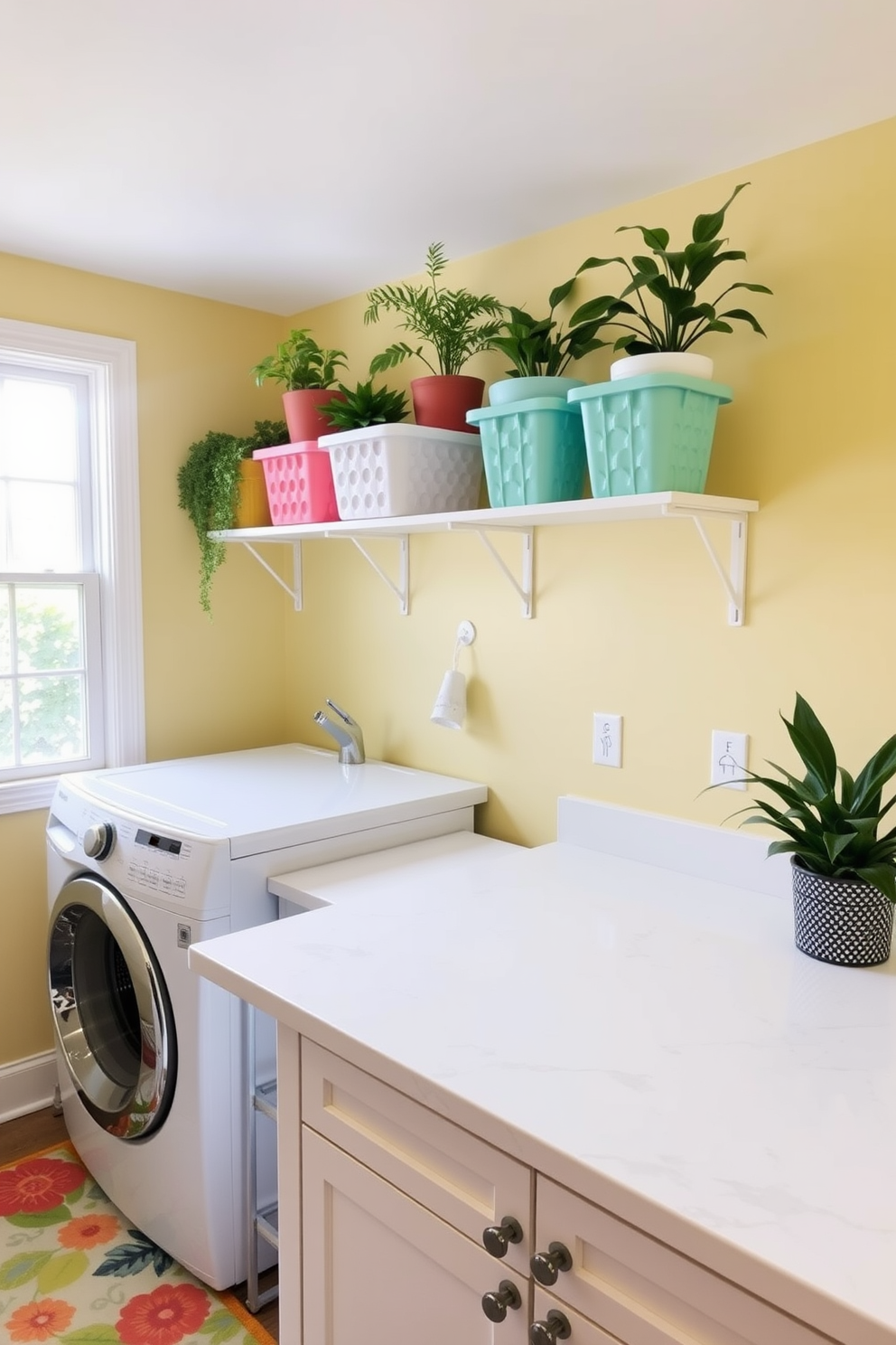 A cheerful laundry room filled with natural light. The walls are painted in a soft pastel yellow, and a bright area rug with floral patterns adds warmth to the space. A spacious countertop made of white quartz provides ample space for folding clothes. Shelves above the countertop are neatly organized with colorful storage bins and fresh potted plants for a touch of greenery.