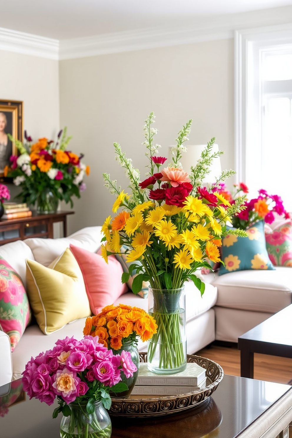 A bright and airy living room filled with fresh flowers in vibrant vases. The space features a comfortable sofa adorned with colorful cushions, and large windows allow natural light to flood in. A coffee table made of reclaimed wood sits at the center, surrounded by stylish armchairs. The walls are painted in soft pastels, creating a cheerful atmosphere perfect for spring decorating ideas.