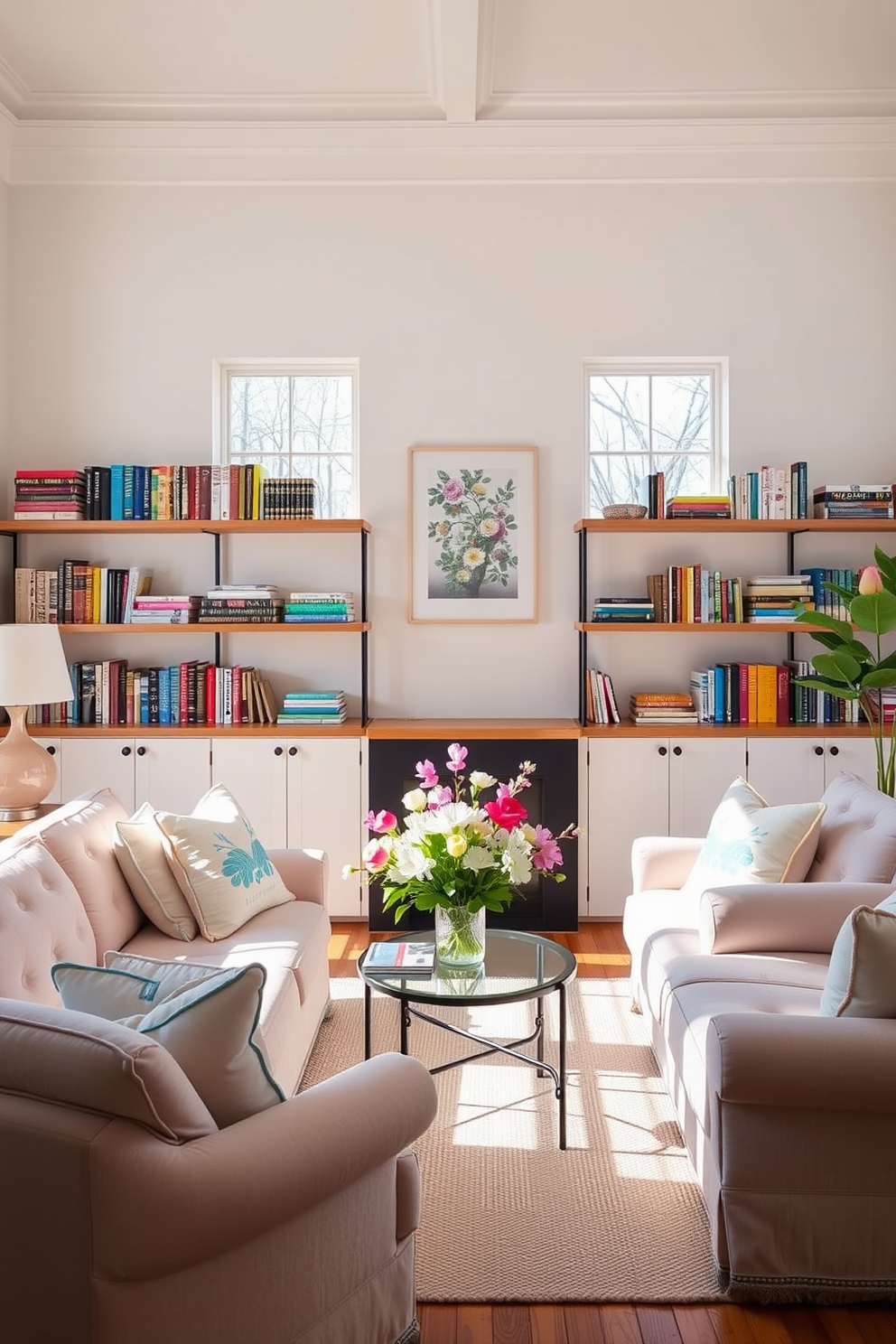 A bright and airy living room features open shelves adorned with a curated collection of seasonal books in vibrant colors. Plush seating arrangements invite relaxation, complemented by soft pastel accents and fresh floral arrangements that reflect the essence of spring.