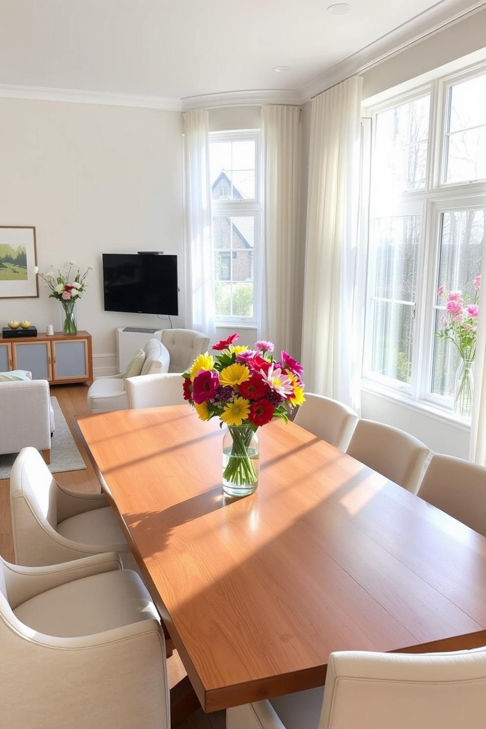 A bright and airy living room filled with natural light. The focal point is a large wooden dining table adorned with a cheerful centerpiece of vibrant flowers in a colorful vase. Surrounding the table are comfortable upholstered chairs in soft pastel hues. Light, sheer curtains frame the windows, allowing the sun to illuminate the space and enhance the fresh spring vibe.