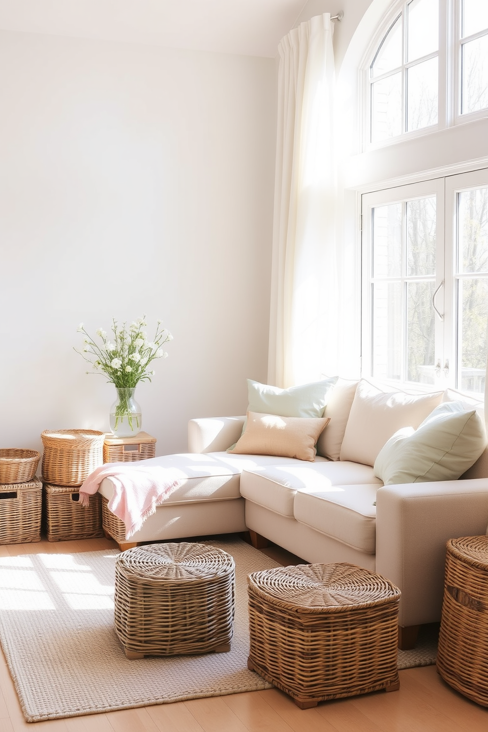 A bright and airy living room filled with natural light. The space features a comfortable sectional sofa adorned with pastel-colored throw pillows and a soft area rug underneath. In one corner, a collection of wicker baskets is neatly arranged for stylish storage solutions. Fresh flowers in a vase add a touch of spring, while light curtains flutter gently in the breeze.