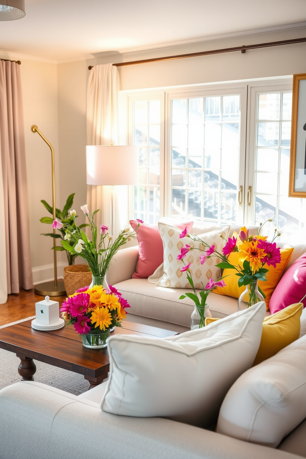 A charming spring living room filled with a mix of vintage decor pieces. An antique wooden coffee table sits in the center, surrounded by a pair of mismatched upholstered chairs in soft pastel hues. On the walls, an eclectic gallery of framed botanical prints adds a touch of nature. A vintage area rug in muted tones anchors the space, while a large potted plant brings life to the corner.