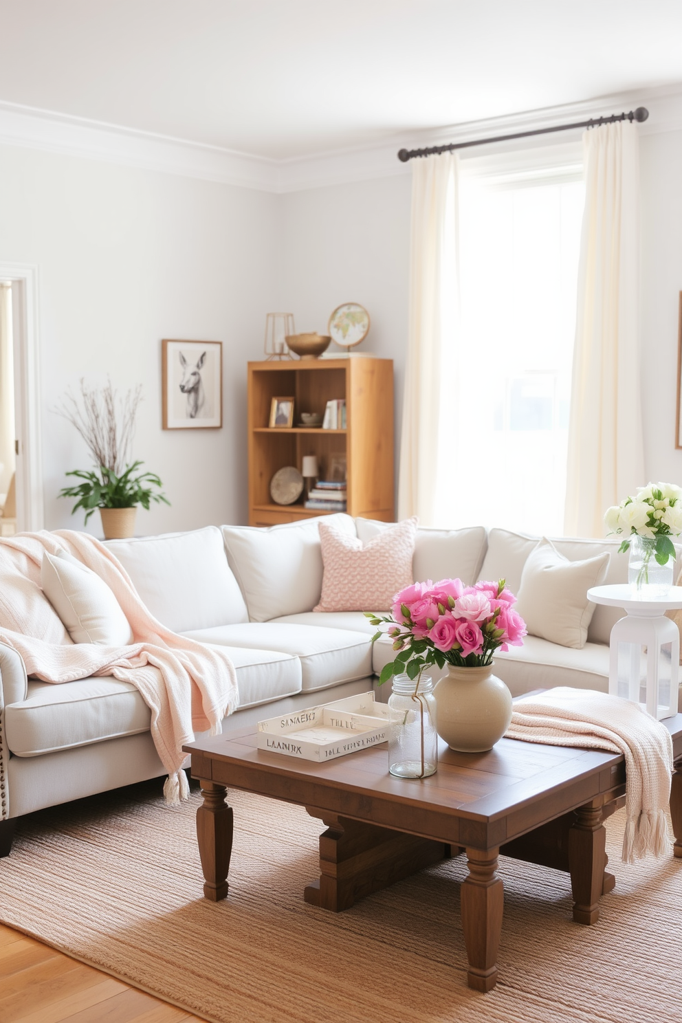 A bright and airy living room filled with natural light. Replace heavy blankets with soft, lightweight throws in pastel colors draped over a cozy sectional sofa. Incorporate fresh flowers in a vase on the coffee table for a touch of spring. Use light, sheer curtains to allow sunlight to filter through and create a welcoming atmosphere.