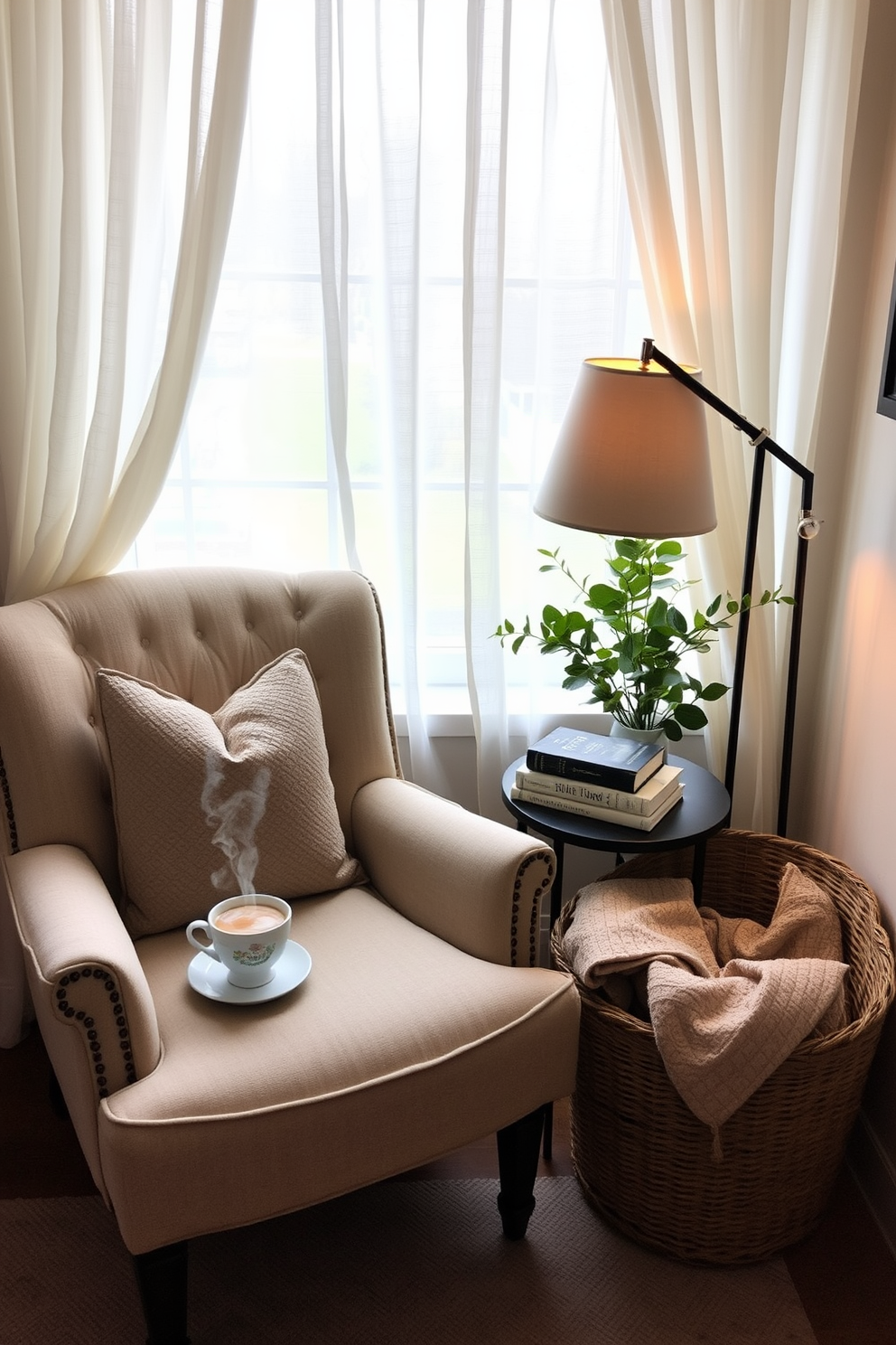 A bright and airy living room filled with natural light. The space features a large window adorned with sheer white curtains, allowing sunlight to filter through. A comfortable sectional sofa in a soft pastel hue is centered in the room. Natural wood accents are incorporated through a reclaimed wood coffee table and floating shelves displaying potted plants. A large area rug with a floral pattern adds warmth and texture to the floor. Decorative throw pillows in vibrant spring colors bring a cheerful touch to the sofa. In one corner, a tall indoor plant adds a refreshing green element. The walls are painted in a soft cream tone, enhancing the room's bright and inviting atmosphere.