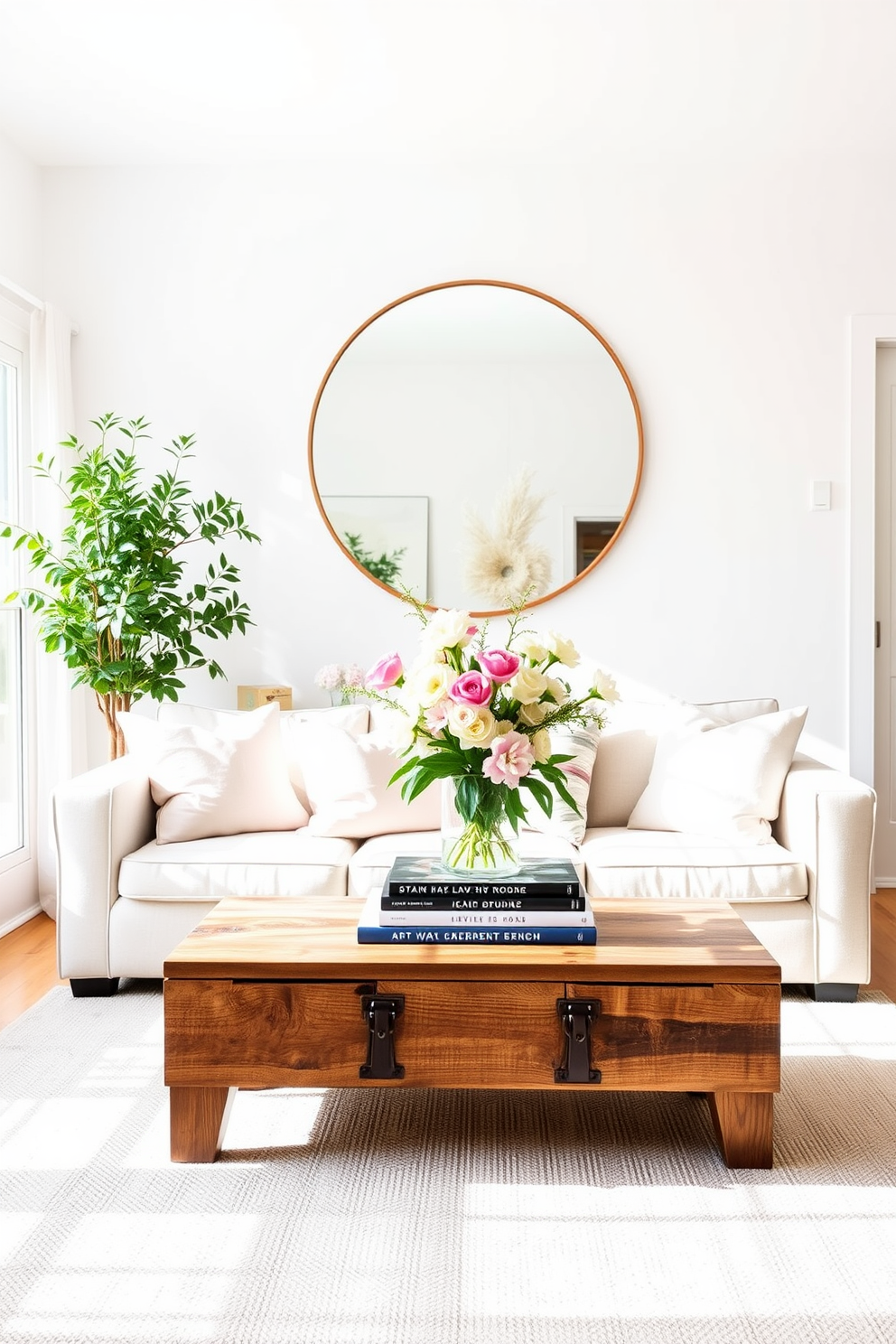 A bright and airy spring living room filled with natural light. The focal point is a large round mirror hung above a light-colored sofa adorned with pastel cushions. In one corner, a tall potted plant adds a touch of greenery, while a soft area rug anchors the seating area. A coffee table made of reclaimed wood sits in the center, topped with a vase of fresh flowers and a stack of art books.