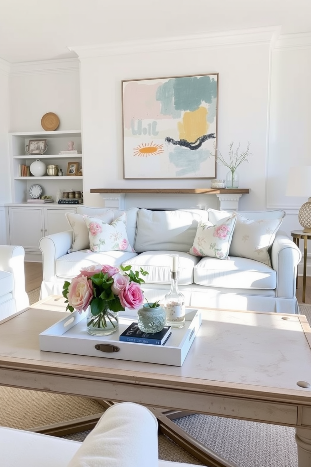 A bright and airy spring living room filled with natural light. Soft pastel colors dominate the space, with a light blue sofa adorned with floral throw pillows. A decorative tray sits on the coffee table, holding a collection of fresh flowers and a few stylish books. The walls are painted in a soft white, and a large piece of abstract art adds a pop of color above the mantel.