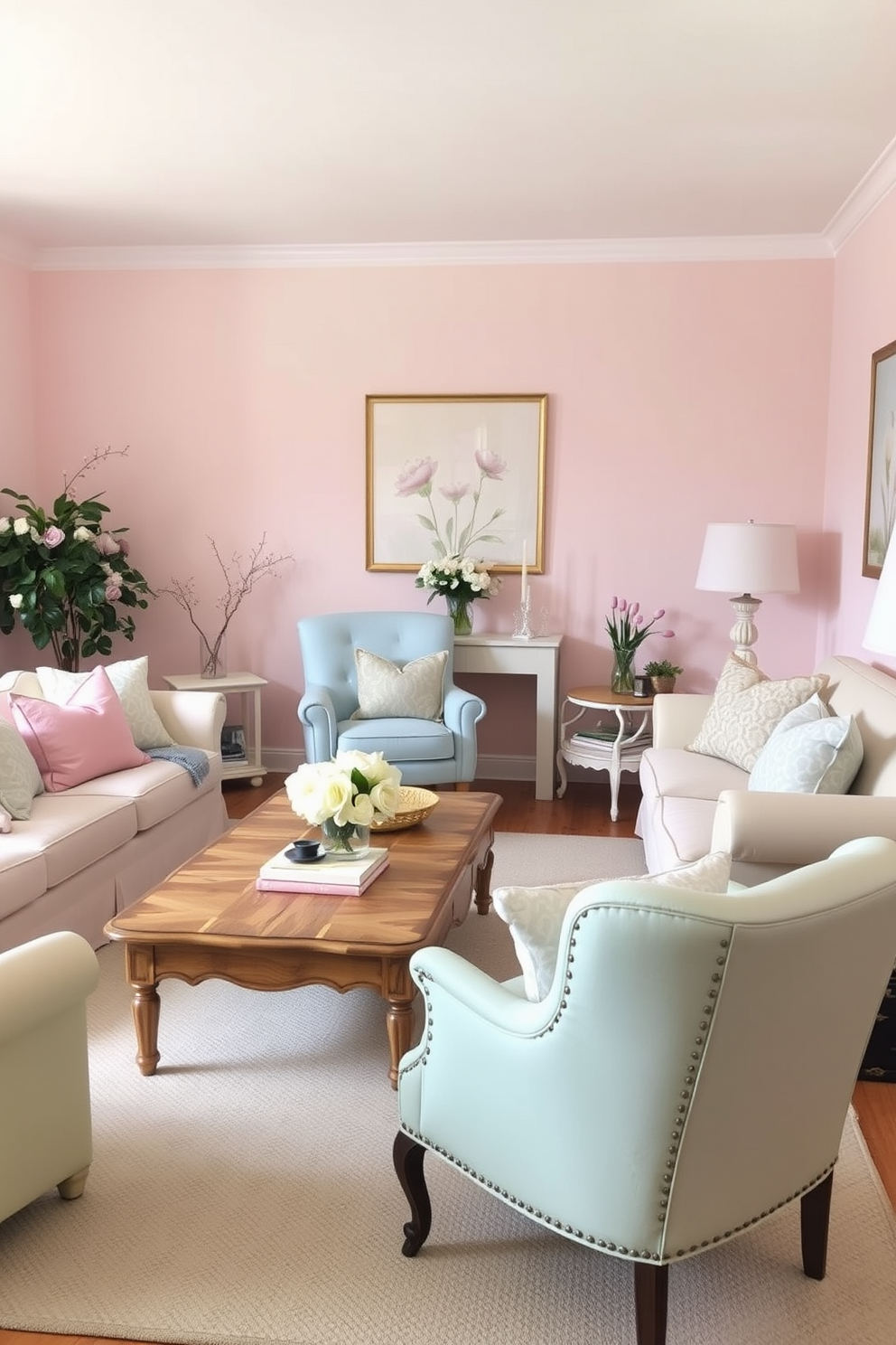 A cozy living room filled with soft pastel colors. The walls are painted a light blush pink, complemented by a plush cream sofa adorned with pastel throw pillows. A vintage wooden coffee table sits in the center, surrounded by a pastel blue armchair and a mint green accent chair. Delicate floral artwork hangs on the walls, enhancing the springtime feel of the space.