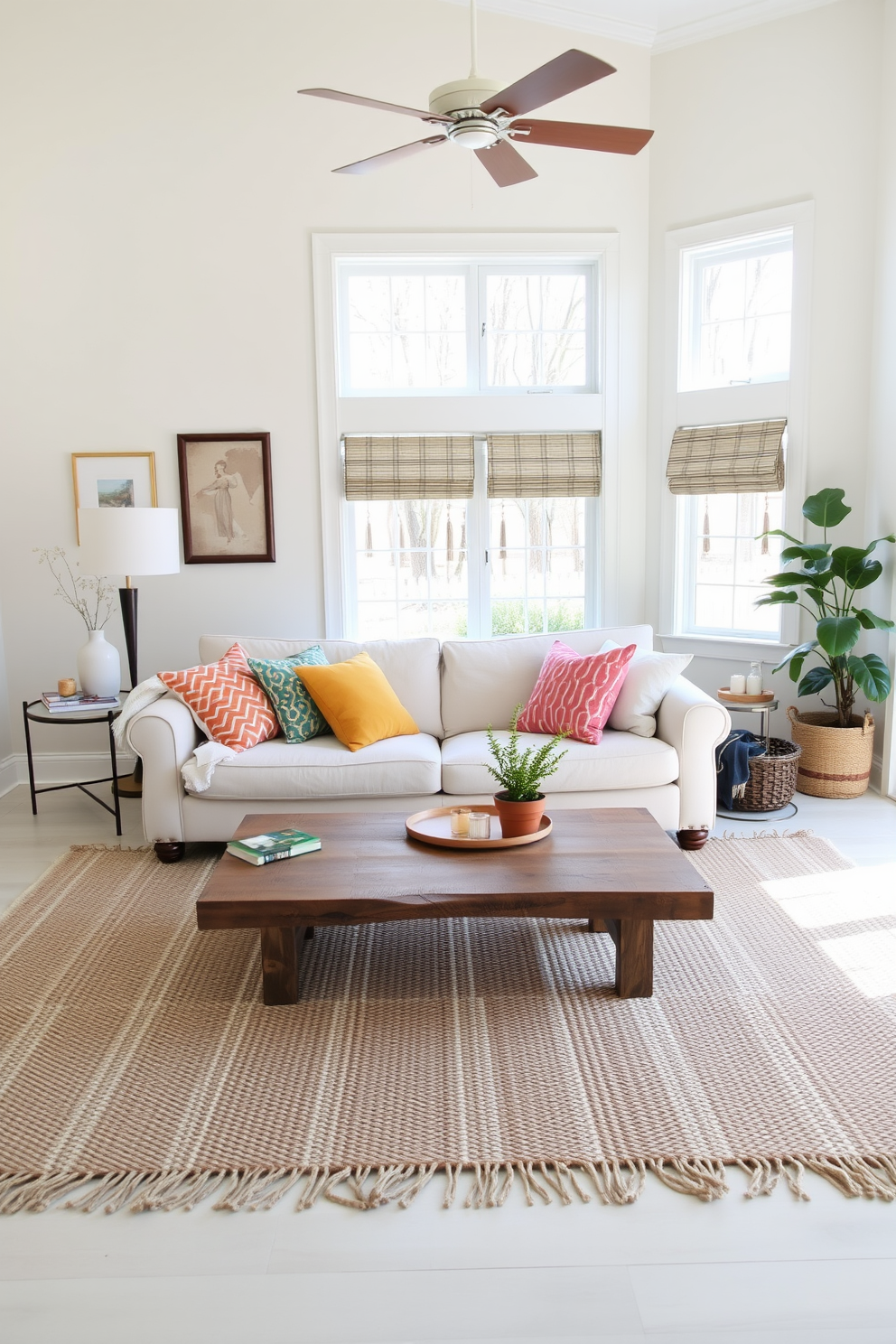 A bright and airy living room filled with natural light. The space features a large window adorned with sheer white curtains, allowing sunlight to illuminate a cozy seating area with a plush sofa and colorful accent pillows. In the center of the room, a stylish coffee table holds an assortment of decorative bowls filled with fresh, vibrant fruit. The walls are painted in a soft pastel hue, and a lush green plant adds a touch of nature to the decor.