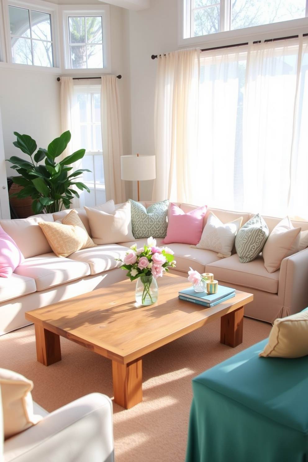 A cozy spring living room filled with natural light. Soft pastel throw blankets are draped over a light gray sectional sofa, creating a welcoming atmosphere. A round coffee table sits in the center, adorned with fresh flowers in a simple vase. The walls are painted in a soft white, and a pale blue area rug anchors the space.