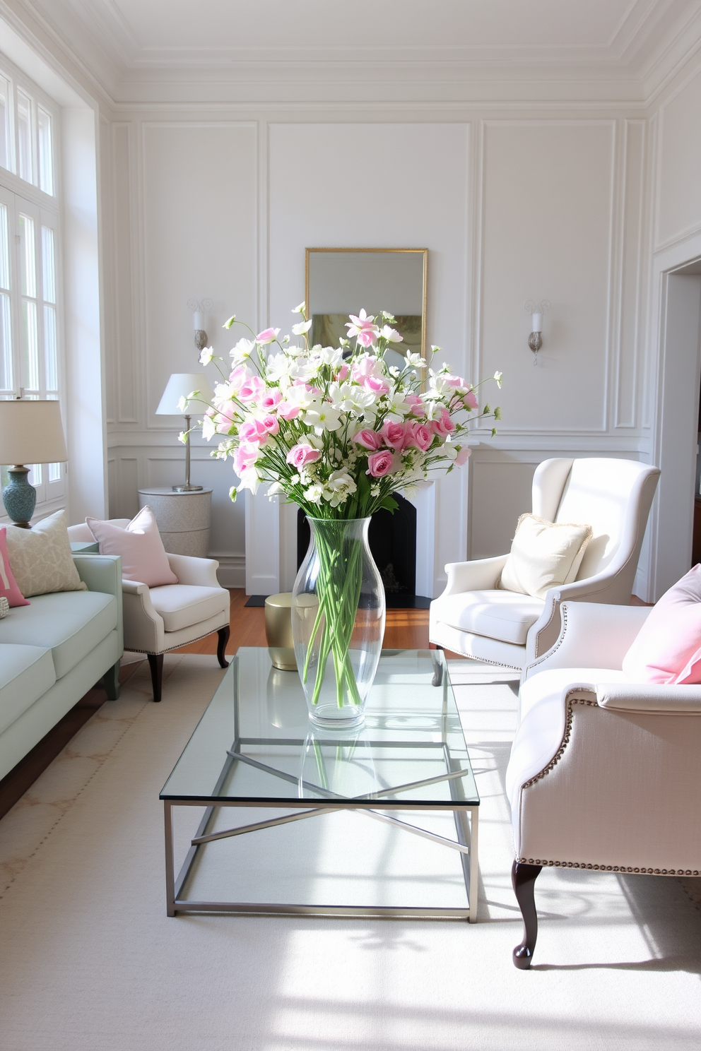 A bright and airy living room filled with natural light. The space features a soft pastel color palette with a light blue sofa and a pair of elegant armchairs. A large decorative vase filled with fresh spring flowers sits on a stylish coffee table. The room is accented with pastel throw pillows and a cozy area rug to enhance the inviting atmosphere.