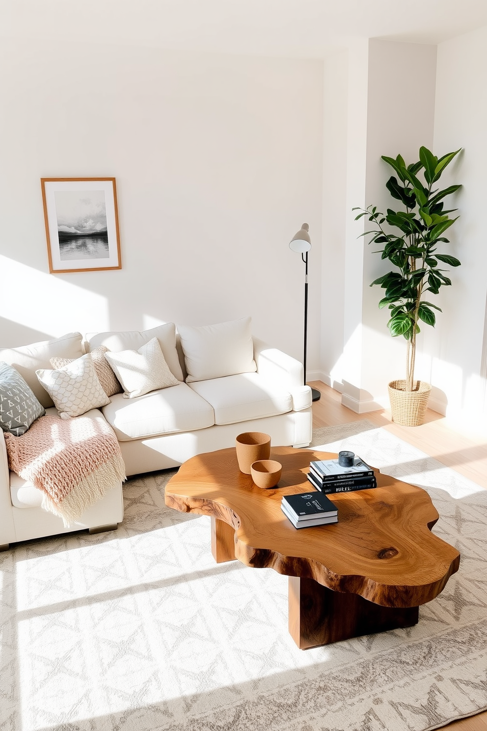 A bright and airy living room filled with natural light. The space features a plush sectional sofa in a soft pastel hue, complemented by a mix of patterned throw pillows and a textured knit blanket. A large area rug with a subtle geometric design anchors the seating area. To add warmth, a wooden coffee table with a live edge sits in the center, adorned with a stack of coffee table books and a decorative bowl. In one corner, a tall indoor plant adds a touch of greenery, while a stylish floor lamp provides ambient lighting. The walls are painted in a light, refreshing color, and framed artwork adds personality to the space.