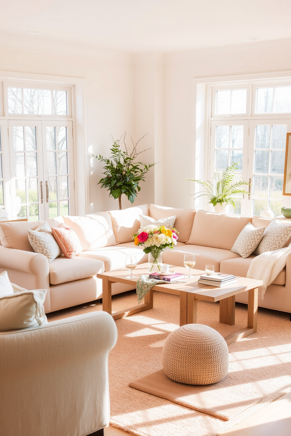 A bright and airy living room filled with light-colored furniture pieces. A large, comfortable sectional sofa in soft beige is paired with a light wood coffee table adorned with fresh flowers. The walls are painted in a soft pastel hue, creating a welcoming atmosphere. A cozy area rug in light tones anchors the space, while large windows allow natural light to flood in, enhancing the cheerful spring vibe.