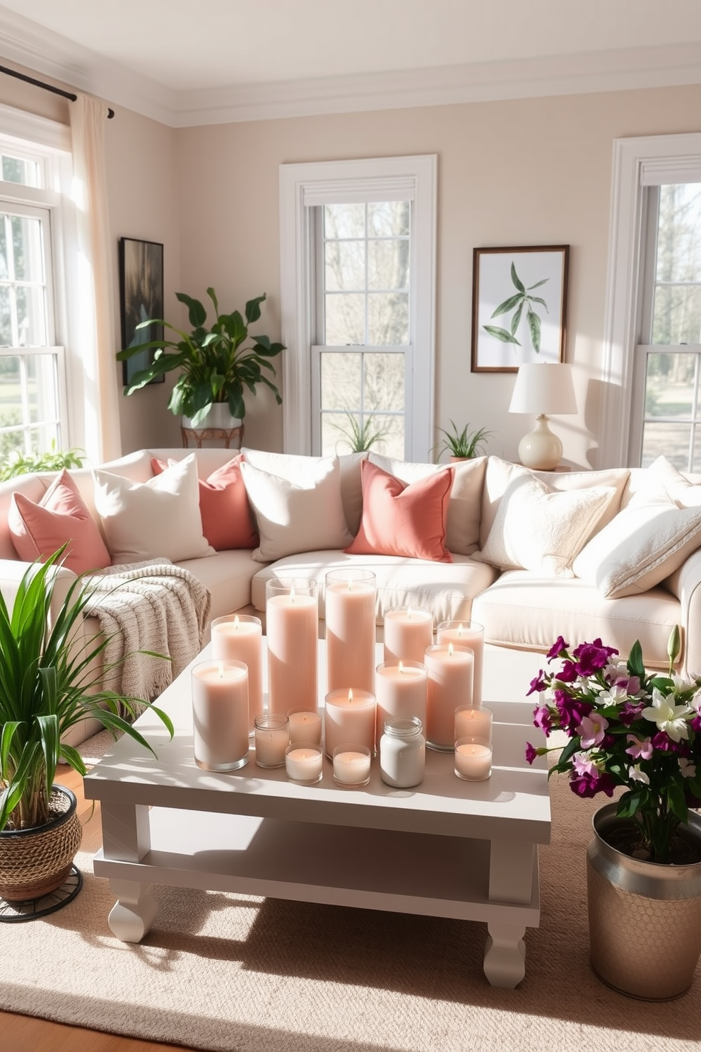 A bright and inviting spring living room filled with natural light. The space features a comfortable sectional sofa adorned with pastel-colored throw pillows and a soft, textured blanket. A large coffee table sits in the center, topped with a collection of scented candles in various sizes, creating a fresh aroma. Surrounding the table, a mix of potted plants and fresh flowers adds a touch of nature to the decor.