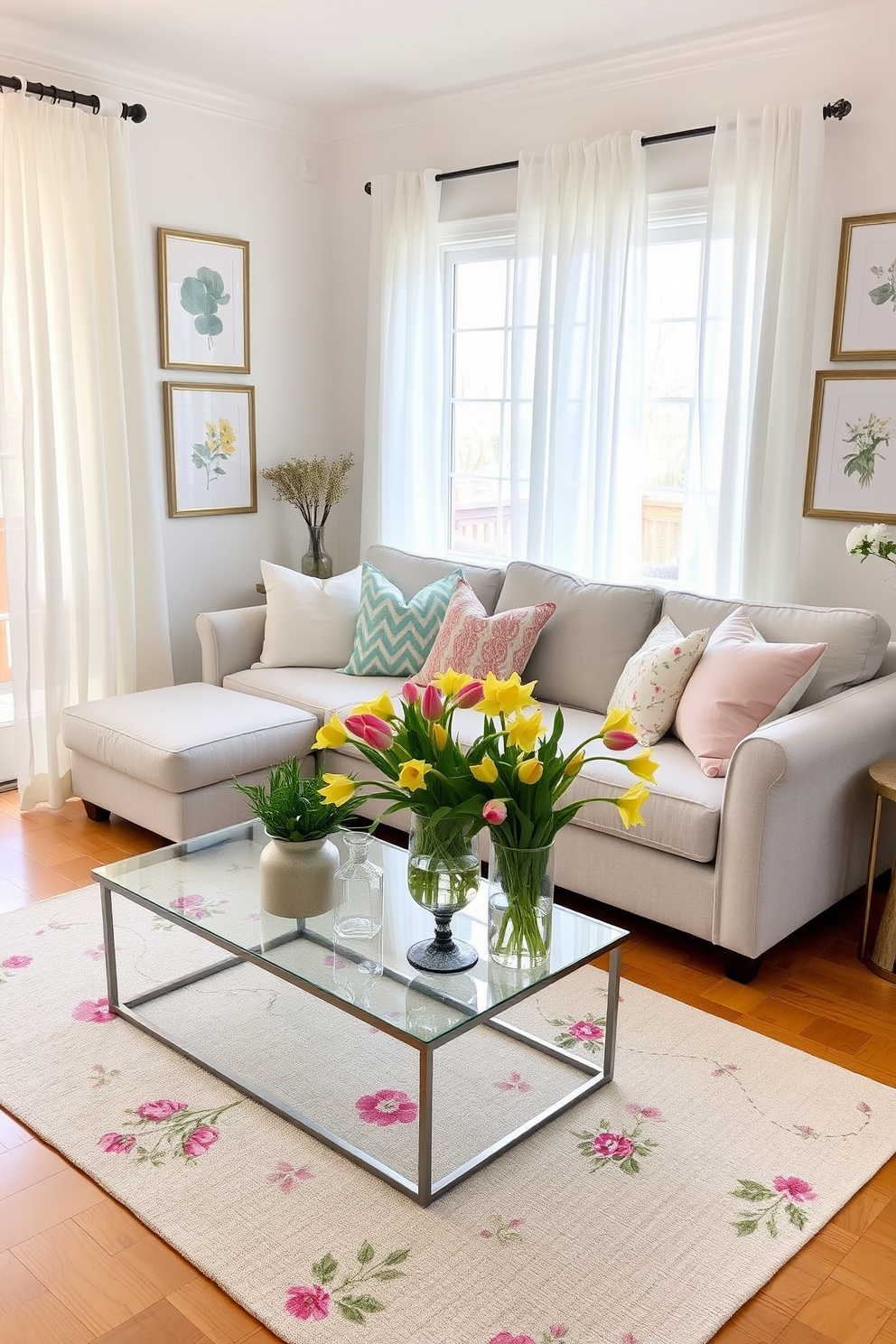 A bright and airy living room filled with spring-themed decorative items. There are pastel-colored throw pillows on a light gray sofa, and a floral-patterned area rug covers the hardwood floor. On the coffee table, a large vase is filled with fresh tulips and daffodils, adding a vibrant touch to the space. The walls are adorned with framed botanical prints, and sheer curtains gently filter the sunlight coming through the windows.