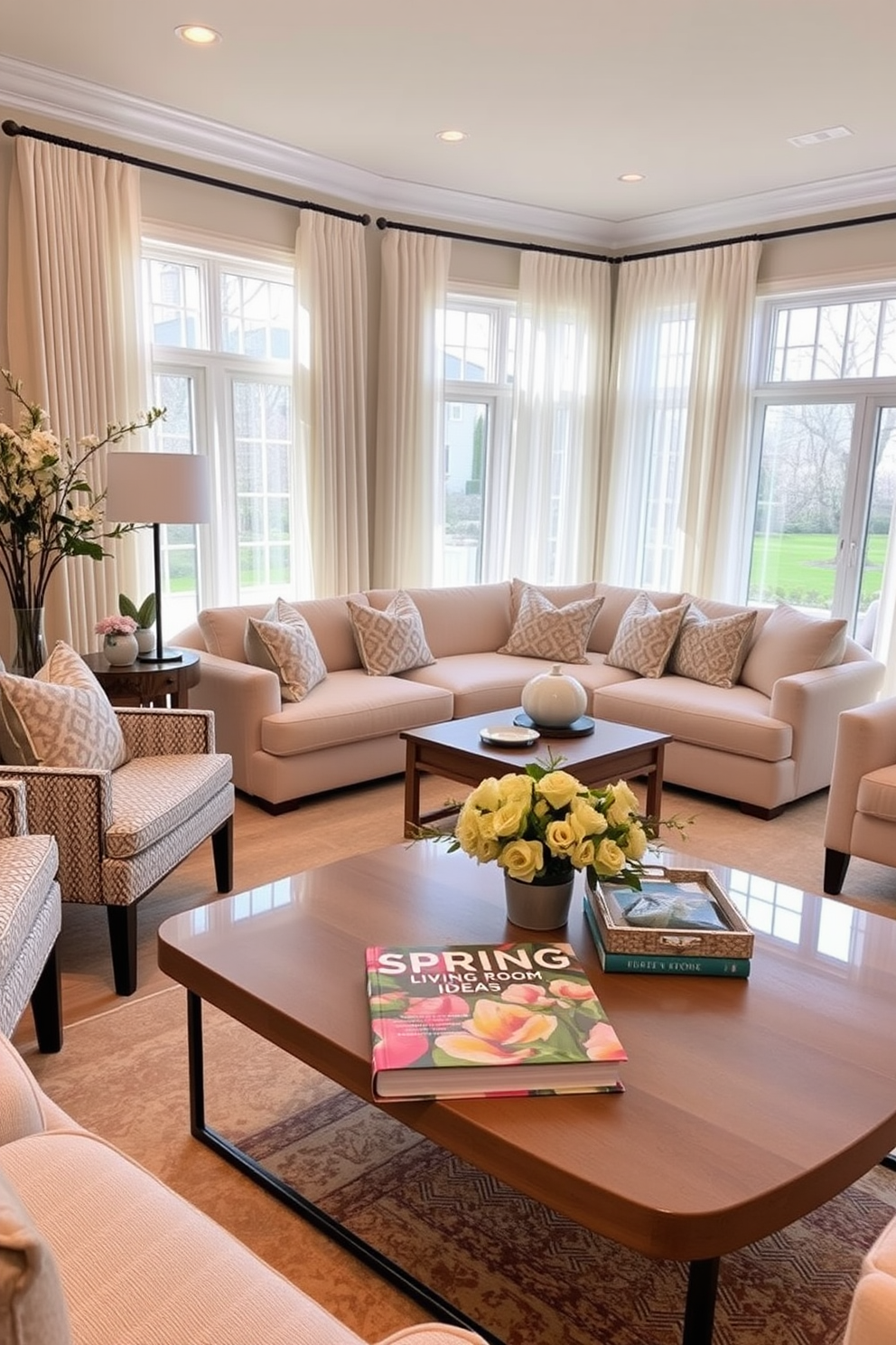 A stylish living room designed for spring. The focal point is a large coffee table adorned with the book Spring Living Room Decorating Ideas, featuring a bright floral cover that complements the pastel color palette of the room. Surrounding the coffee table are a plush sectional sofa and accent chairs, all upholstered in soft fabrics. Large windows draped with sheer curtains allow natural light to fill the space, enhancing the cheerful atmosphere.