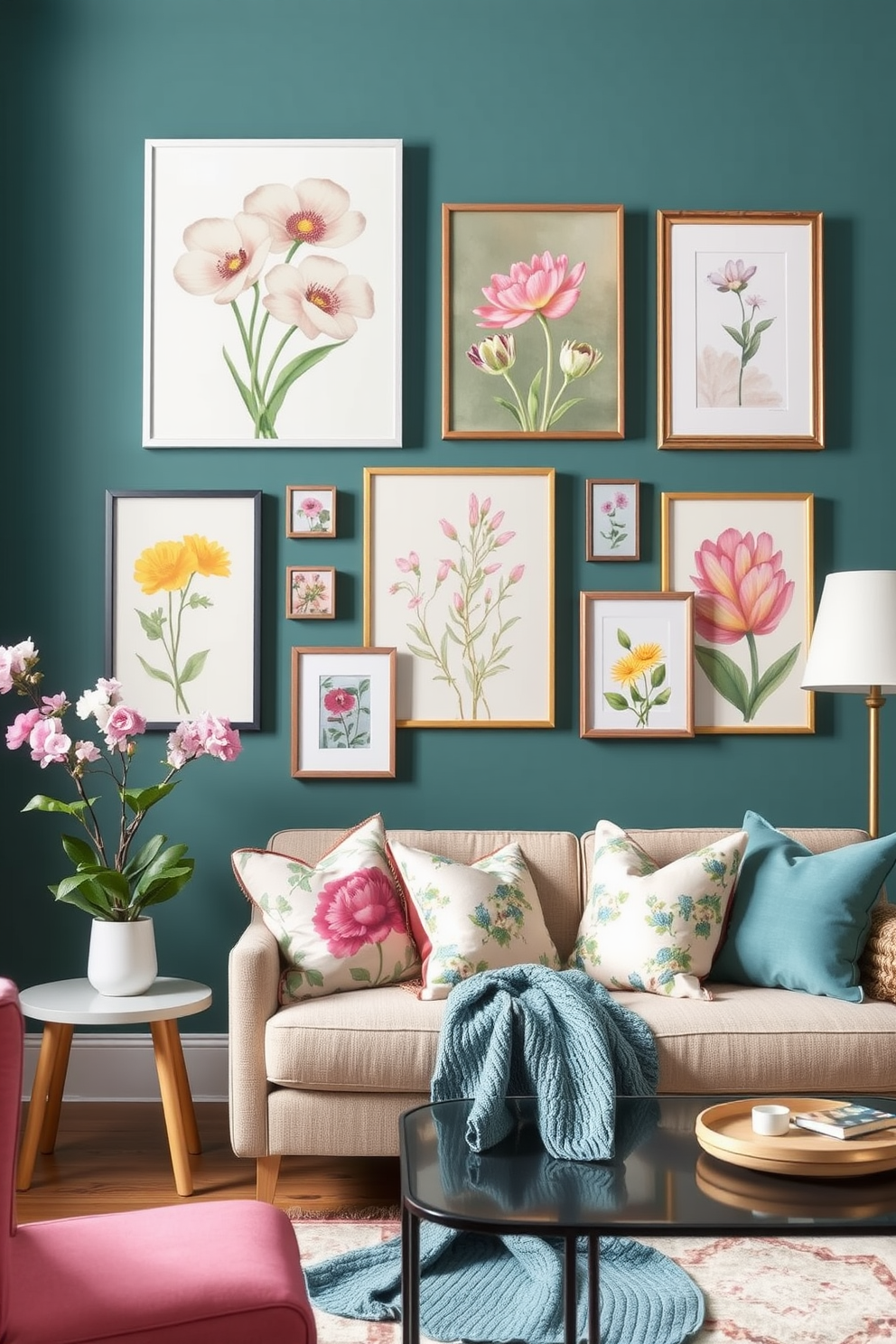 A bright and airy spring living room filled with natural light. The space features a comfortable pastel-colored sofa adorned with floral-patterned cushions. A whimsical coffee table sits in the center, decorated with playful sculptures of animals and flowers. Fresh green plants are placed in the corners, adding a vibrant touch to the decor.