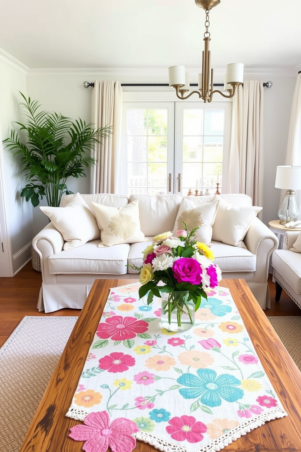 A bright and airy living room adorned with cheerful table runners featuring vibrant floral patterns. The space is filled with natural light, complemented by soft pastel cushions on a cozy sofa and a wooden coffee table set with fresh blooms.