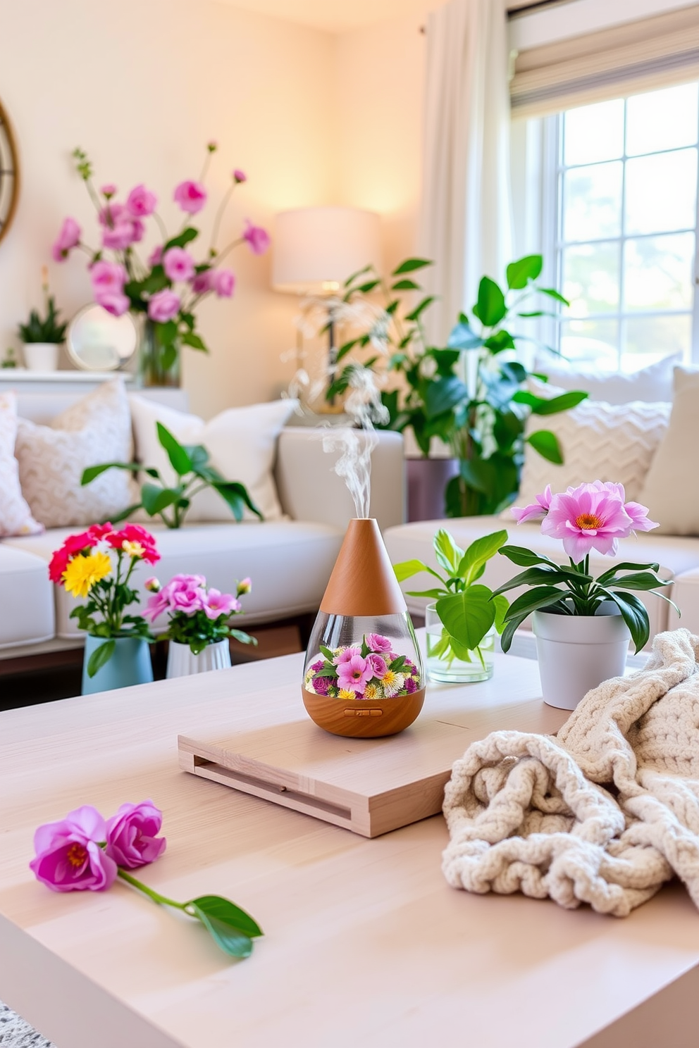 A bright and airy spring living room filled with fresh blooms and soft pastel colors. A stylish diffuser filled with floral essential oils sits on a light wooden coffee table, surrounded by vibrant potted plants and a cozy throw blanket.