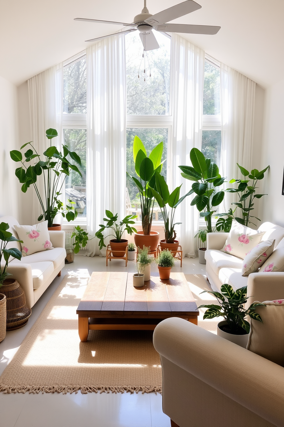 A bright and airy living room filled with natural light. Soft pastel colors dominate the space, with light curtains gently flowing in the breeze. Plush sofas are adorned with cushions in floral patterns, creating a fresh and inviting atmosphere. A large coffee table made of reclaimed wood sits at the center, surrounded by a variety of potted plants for a touch of greenery.