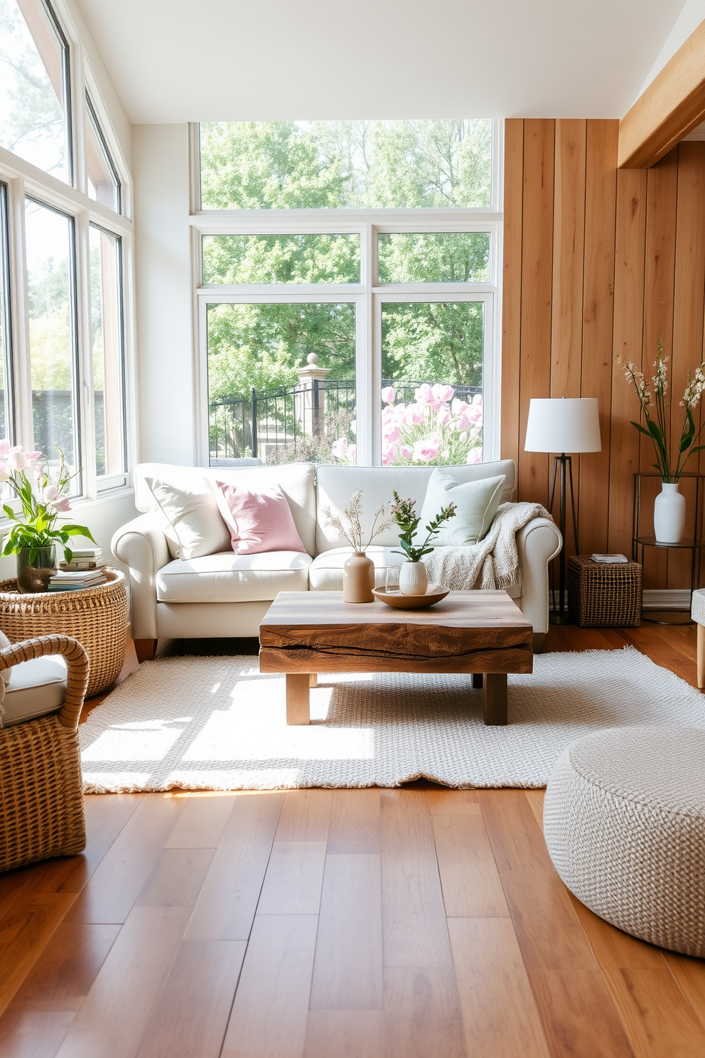 A cozy spring living room filled with natural wood accents that bring warmth to the space. The furniture features a light-colored sofa adorned with pastel throw pillows and a reclaimed wood coffee table at the center. Large windows allow sunlight to flood in, showcasing fresh greenery and blooming flowers from the outside. Soft, textured rugs in neutral tones are layered on a warm wooden floor, creating an inviting atmosphere.