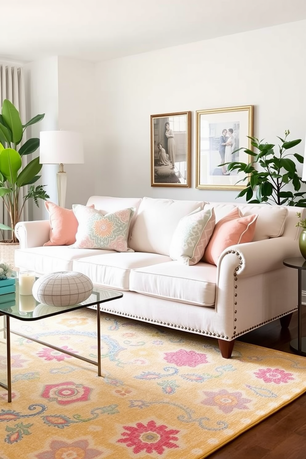 A cozy living room adorned with soft neutral area rugs that invite comfort and warmth. The space features a plush sectional sofa in light beige, accented with pastel throw pillows and a delicate coffee table at the center. Large windows allow natural light to flood the room, highlighting the fresh spring decor with floral arrangements and light drapes. A subtle mix of textures, including a woven basket and a knitted throw, adds an inviting touch to the overall aesthetic.