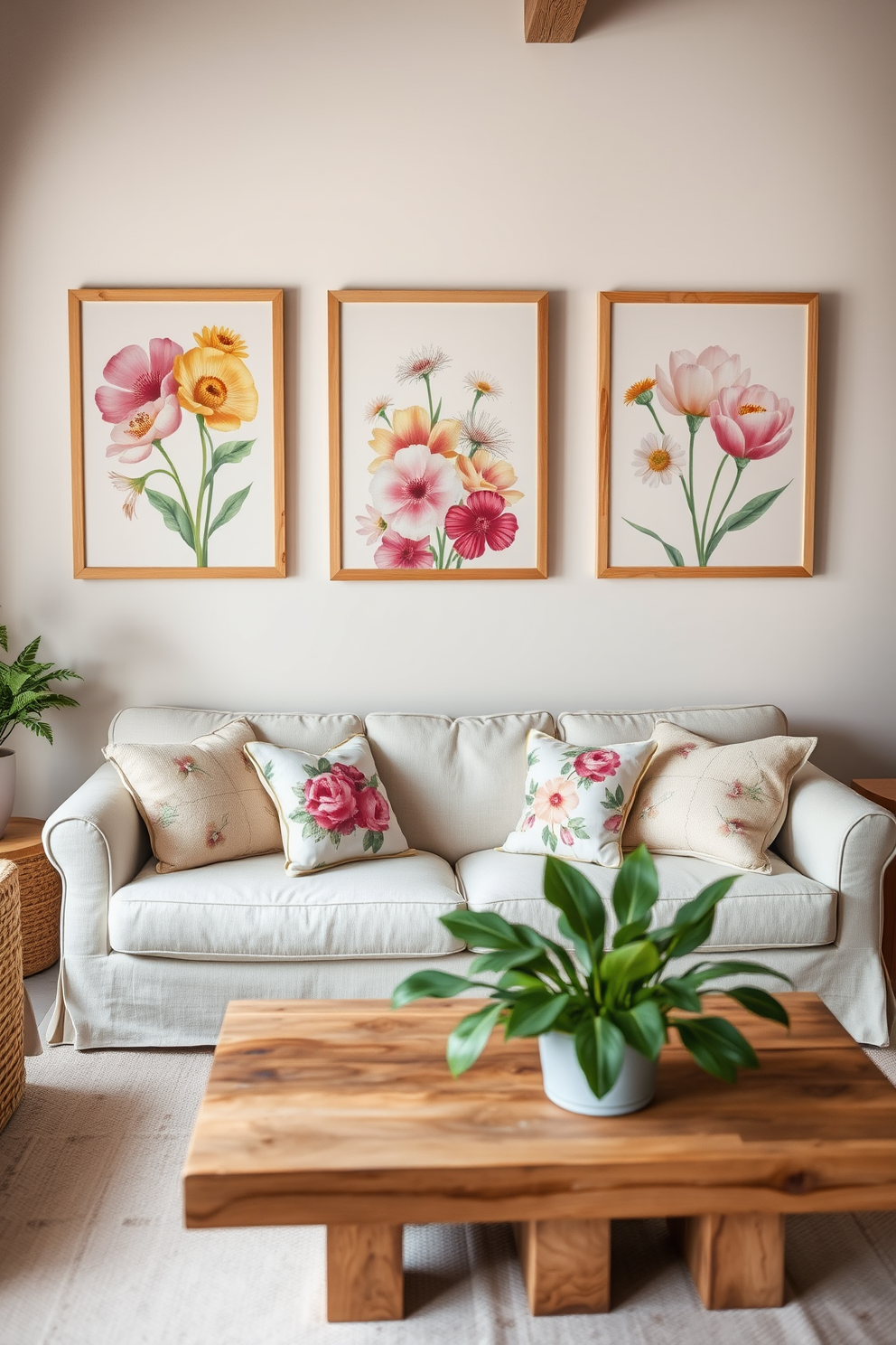 A bright and airy living room adorned with spring-themed wall art featuring floral prints in soft pastel colors. The space is enhanced by a light beige sofa paired with colorful throw pillows and a coffee table decorated with fresh flowers and a pastel-colored vase. The walls are painted in a soft cream hue, creating a warm backdrop for the vibrant art pieces. A cozy area rug in light green anchors the seating area, while large windows let in natural light, illuminating the cheerful decor.