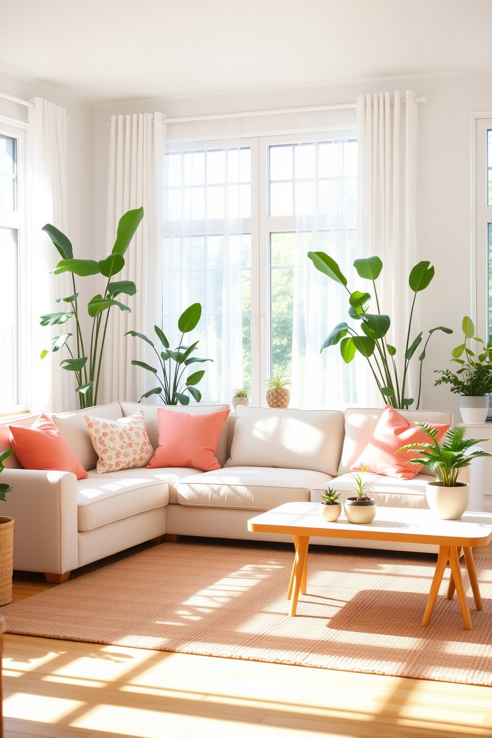 A bright and airy living room filled with natural light. The space features a comfortable sectional sofa in soft pastel colors, accented by vibrant throw pillows and a textured area rug. In the corner, a tall potted fiddle leaf fig adds a touch of greenery, while smaller plants in decorative pots are placed on the coffee table and windowsill. Large windows with sheer curtains allow sunlight to filter in, creating a warm and inviting atmosphere.