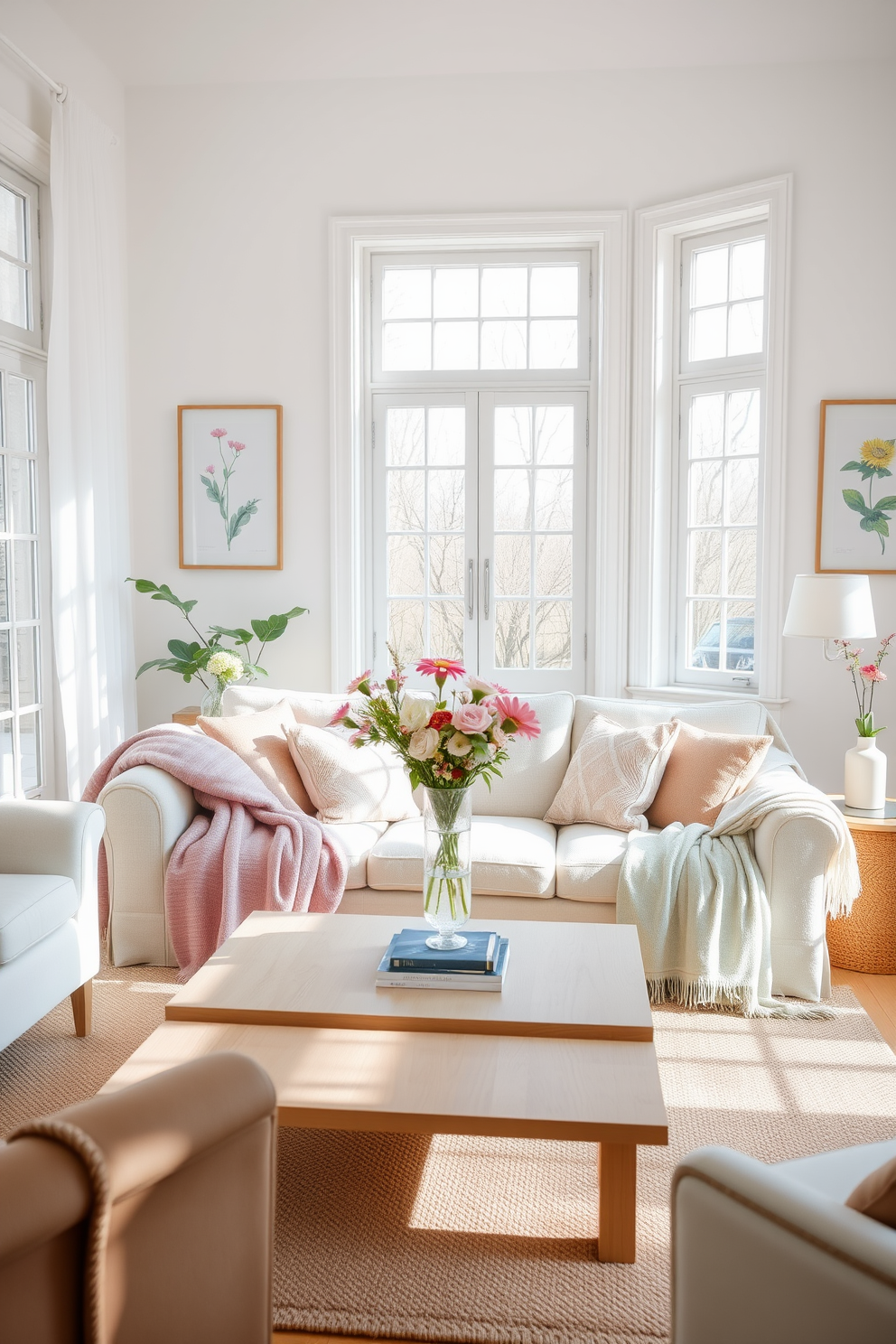 A bright and airy living room filled with natural light streaming through open curtains. The space features a comfortable sofa adorned with pastel-colored throw pillows and a light floral print area rug on a polished wooden floor. A large coffee table sits at the center, topped with a stack of design books and a fresh bouquet of spring flowers. The walls are painted in a soft cream hue, complemented by vibrant artwork that adds a pop of color to the room.