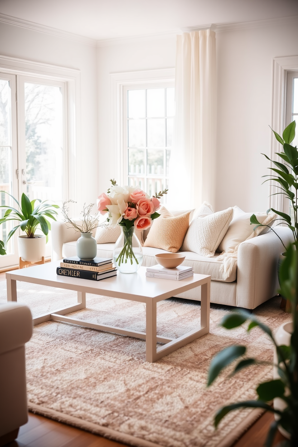 A bright and airy living room filled with natural light. The centerpiece is a light-colored coffee table adorned with fresh flowers in a pastel vase, a stack of art books, and a decorative bowl. Soft, textured throw pillows in shades of cream and blush are scattered on a plush sofa. A cozy area rug in a subtle pattern anchors the space, while potted greenery adds a touch of life to the corners.