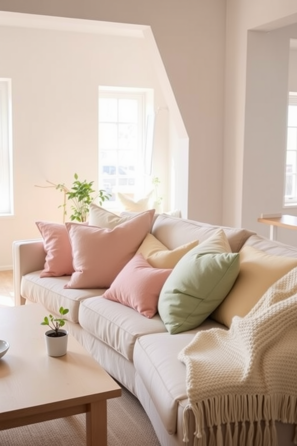 A bright and airy loft space filled with natural light. The sofa is adorned with an array of pastel colored throw pillows in soft pinks, greens, and yellows, creating a cheerful and inviting atmosphere. In the corner, a small potted plant adds a touch of greenery, while a light wooden coffee table complements the decor. A cozy knitted throw is draped over the arm of the sofa, enhancing the relaxed spring vibe.