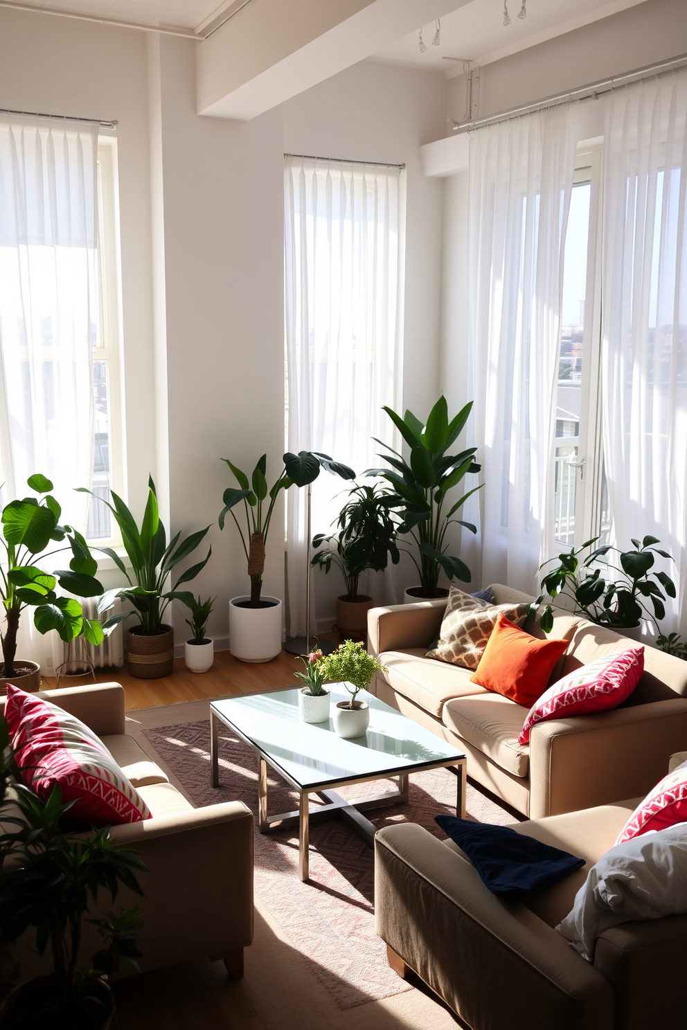 A bright and airy loft space filled with natural light. The room features large windows adorned with sheer white curtains, allowing sunlight to filter through. In one corner, a collection of indoor plants in varying sizes adds a touch of greenery. A stylish coffee table sits in the center, surrounded by a plush sofa and colorful throw pillows.