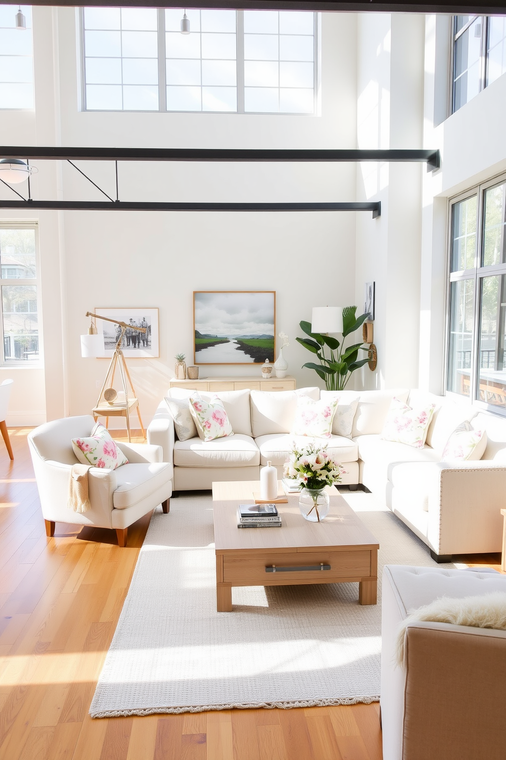 A bright and airy loft space filled with light colored furniture pieces. The living area features a plush white sofa paired with a soft pastel accent chair and a light wood coffee table. Large windows allow natural light to flood the room, enhancing the fresh spring atmosphere. Decorative throw pillows in floral patterns and a light area rug complete the cozy yet elegant look.