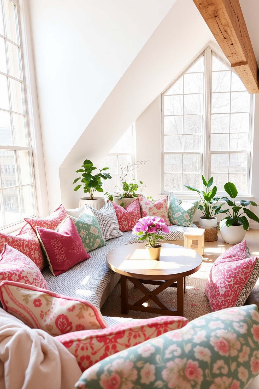 A bright and airy loft space adorned with patterned cushions in various colors and designs that add visual interest to the seating area. Large windows allow natural light to flood the room, highlighting the fresh spring decor elements like potted plants and light fabrics.