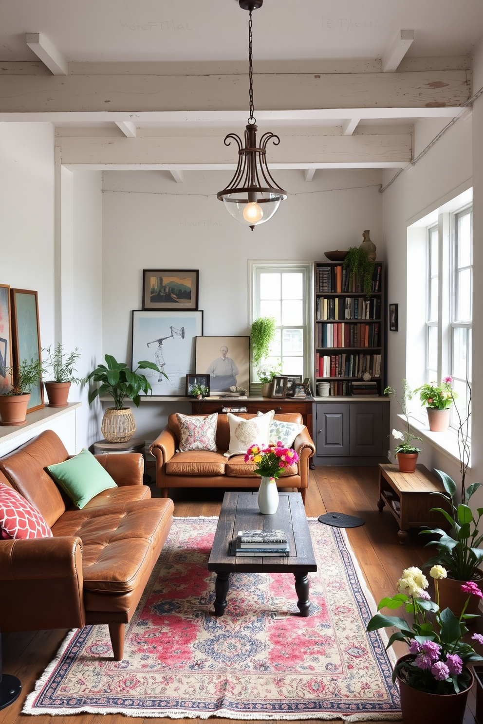 A bright and airy loft space filled with natural light. The room features large windows adorned with sheer white curtains, allowing the sun to illuminate the wooden floors. In the center, a plush sectional sofa in a soft pastel hue invites relaxation. Surrounding the sofa are vibrant ceramic vases in various shapes and sizes, each filled with fresh spring flowers, adding a pop of color to the decor. The walls are painted in a crisp white, creating a clean backdrop for the colorful accessories. A large abstract painting hangs above a minimalist coffee table, enhancing the artistic vibe of the space.