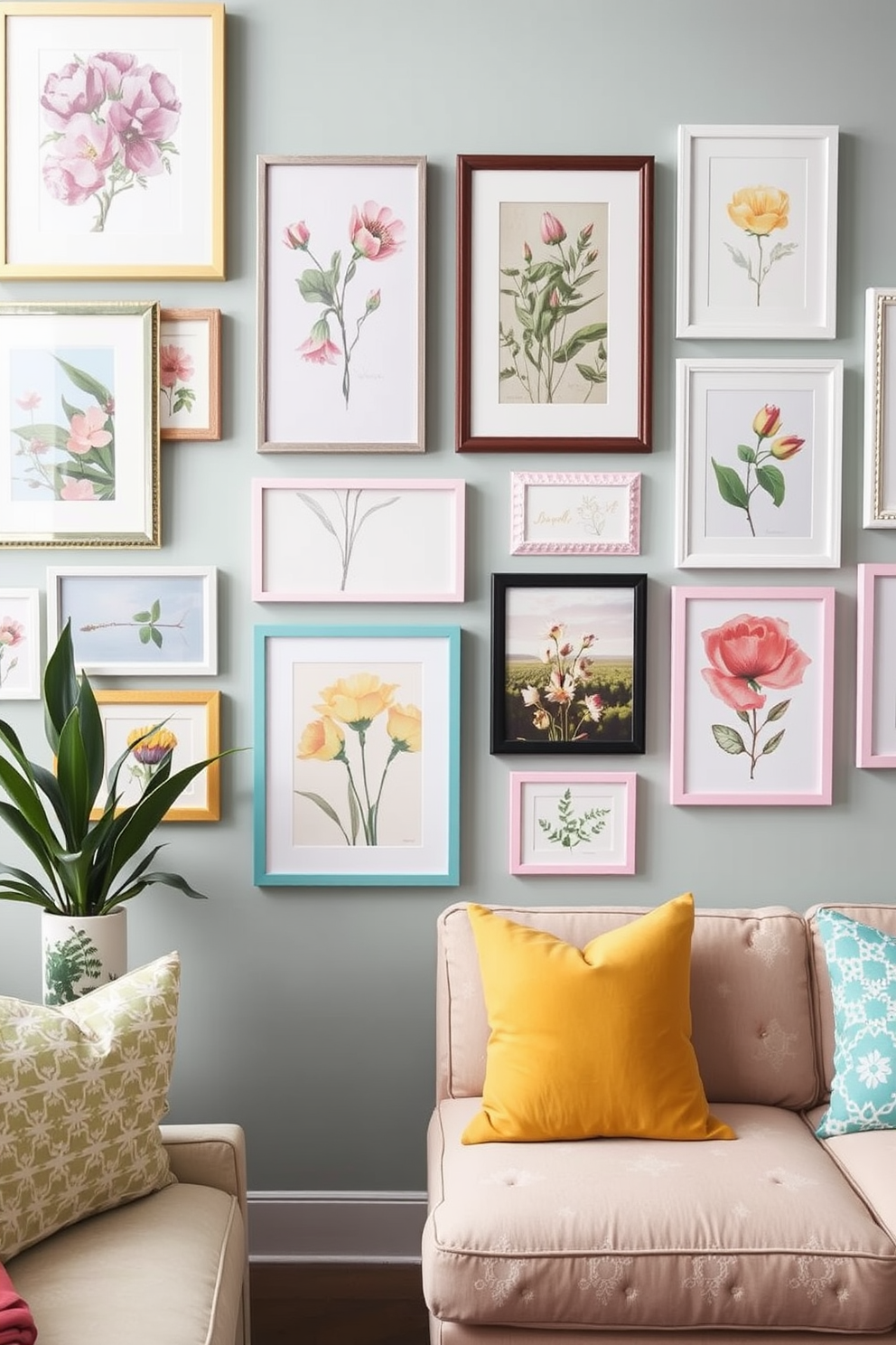 A bright and airy loft living space adorned with spring-inspired decor. The centerpiece is a vibrant arrangement of fresh fruits displayed in a large ceramic bowl on a rustic wooden coffee table. Surrounding the table, plush seating in soft pastel colors invites relaxation. Large windows allow natural light to flood the room, highlighting the delicate floral arrangements placed throughout the space.