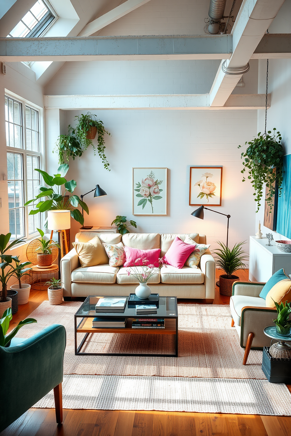 A cozy loft space adorned with soft pastel colors. A plush sofa is draped with a light throw blanket, inviting relaxation and comfort. Large windows allow natural light to flood the room, highlighting a collection of potted plants. A rustic coffee table sits in the center, topped with a stack of art books and a delicate candle.