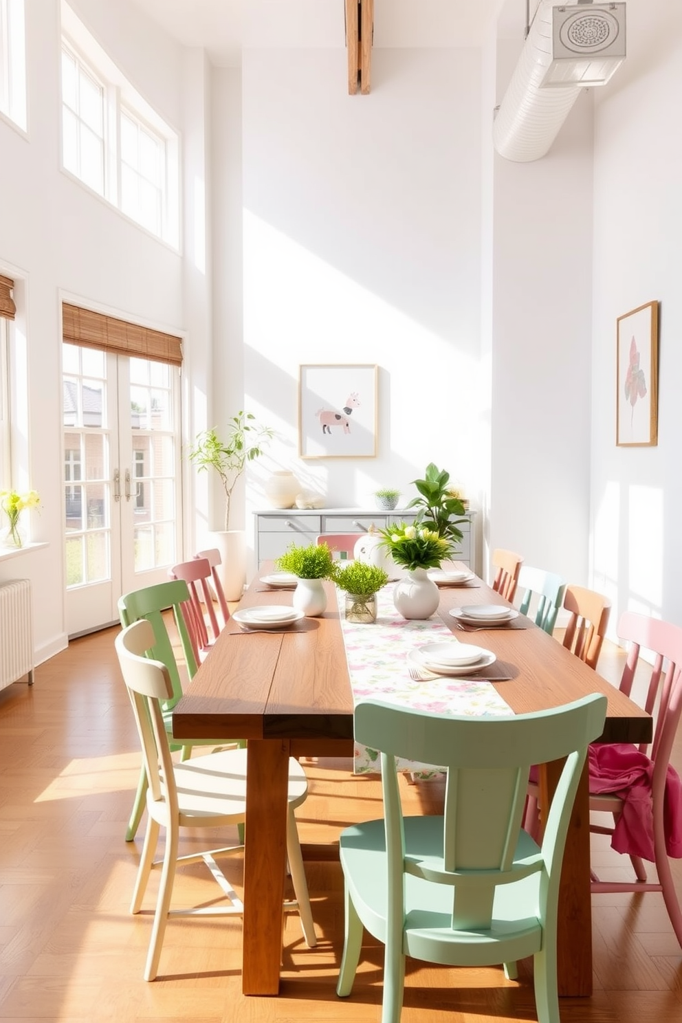 A bright and airy dining area features a large wooden table surrounded by mismatched chairs in pastel colors. The table is adorned with a cheerful floral table runner that adds a pop of color, complemented by simple white dinnerware and vibrant green plants as centerpieces. Sunlight streams in through large windows, highlighting the soft textures of the space. The walls are painted in a light, refreshing hue, and whimsical artwork hangs above the table, enhancing the spring loft decorating theme.