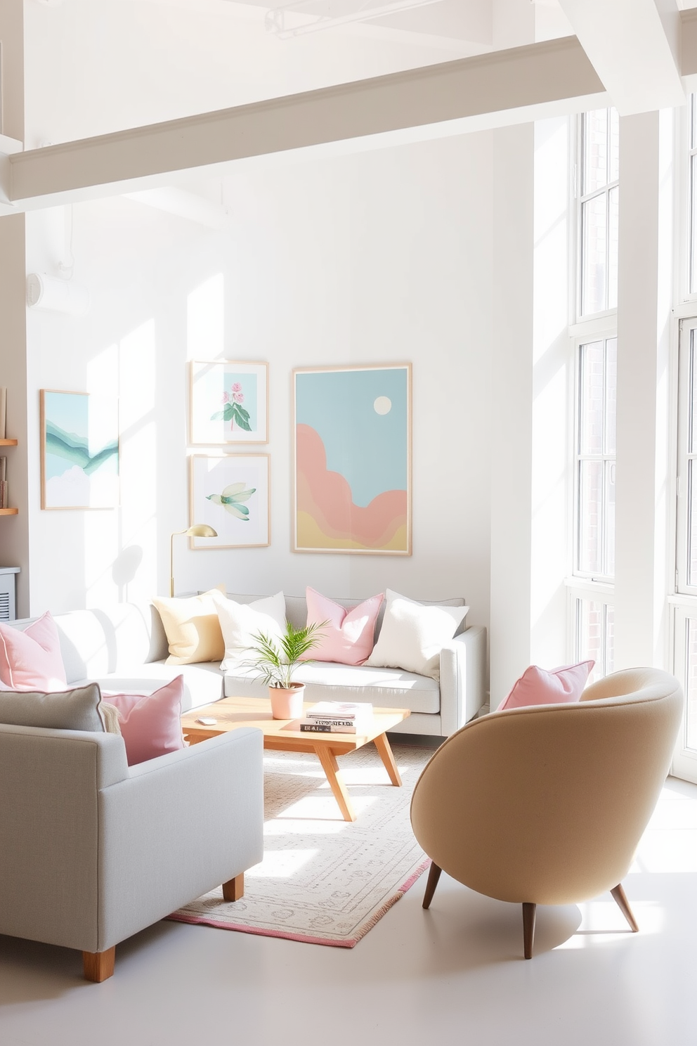 A bright and airy loft space adorned with pastel colored artwork that adds a touch of whimsy. The walls are painted in a soft white, allowing the artwork to stand out while natural light floods the room through large windows. A cozy seating area features a light gray sofa complemented by pastel throw pillows. A wooden coffee table sits in the center, adorned with a few stylish books and a small potted plant, enhancing the spring vibe.