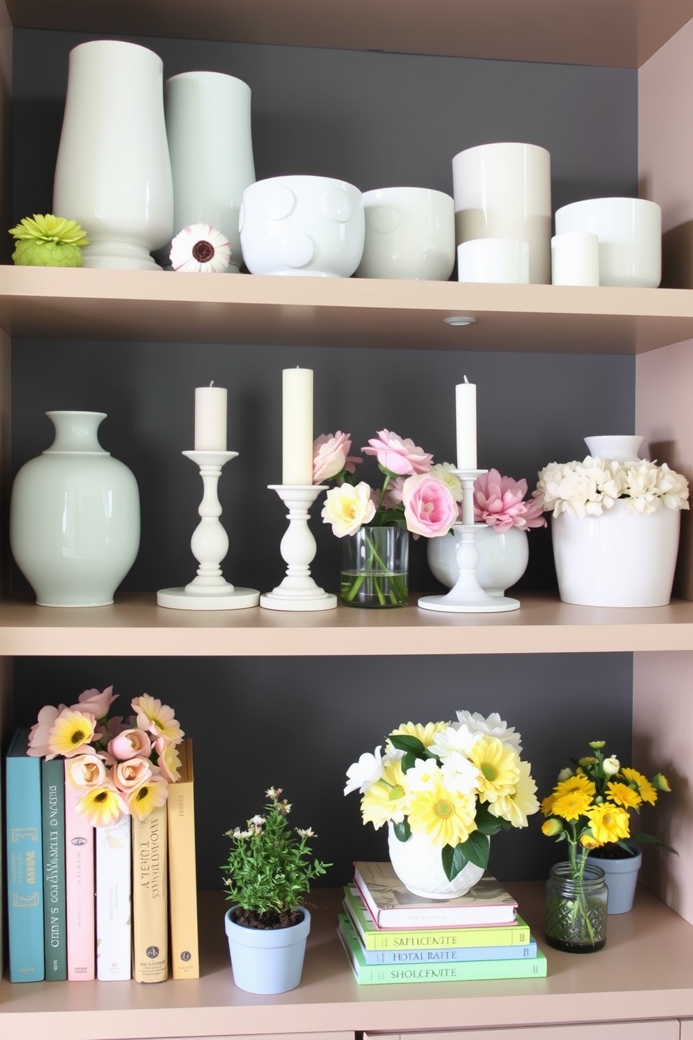 Create a spring-themed vignette on shelves that features pastel-colored decorative items such as vases and candles. Incorporate fresh flowers in a variety of colors and textures, along with seasonal books and small potted plants for a lively atmosphere.